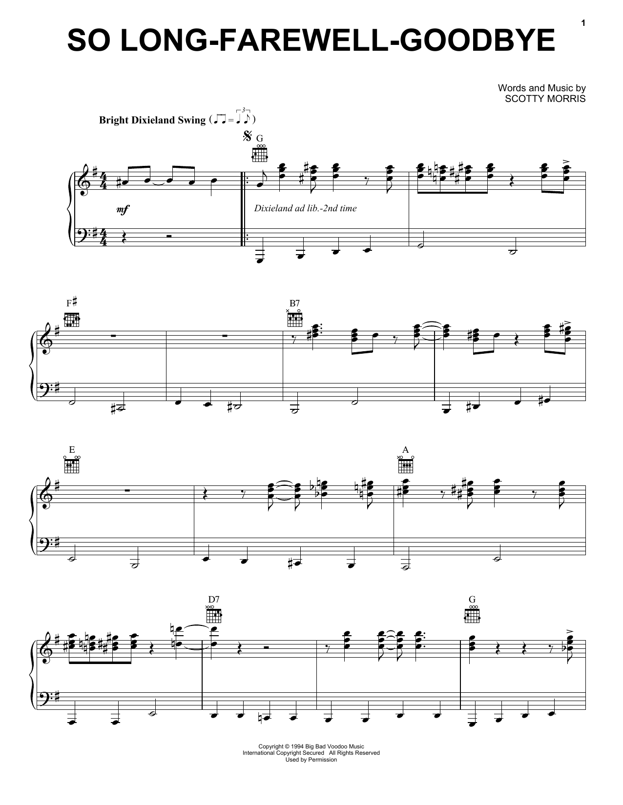 Download Big Bad Voodoo Daddy So Long-Farewell-Goodbye Sheet Music and learn how to play Piano, Vocal & Guitar (Right-Hand Melody) PDF digital score in minutes