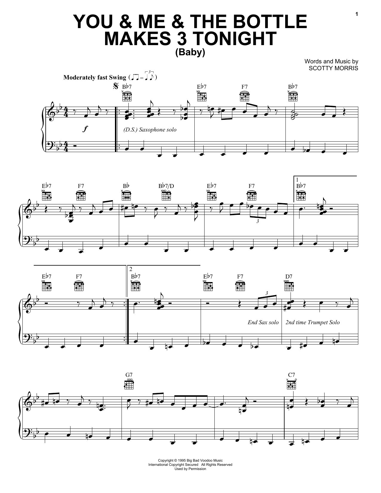 Download Big Bad Voodoo Daddy You & Me & The Bottle Makes 3 Tonight (Baby) Sheet Music and learn how to play Piano, Vocal & Guitar (Right-Hand Melody) PDF digital score in minutes