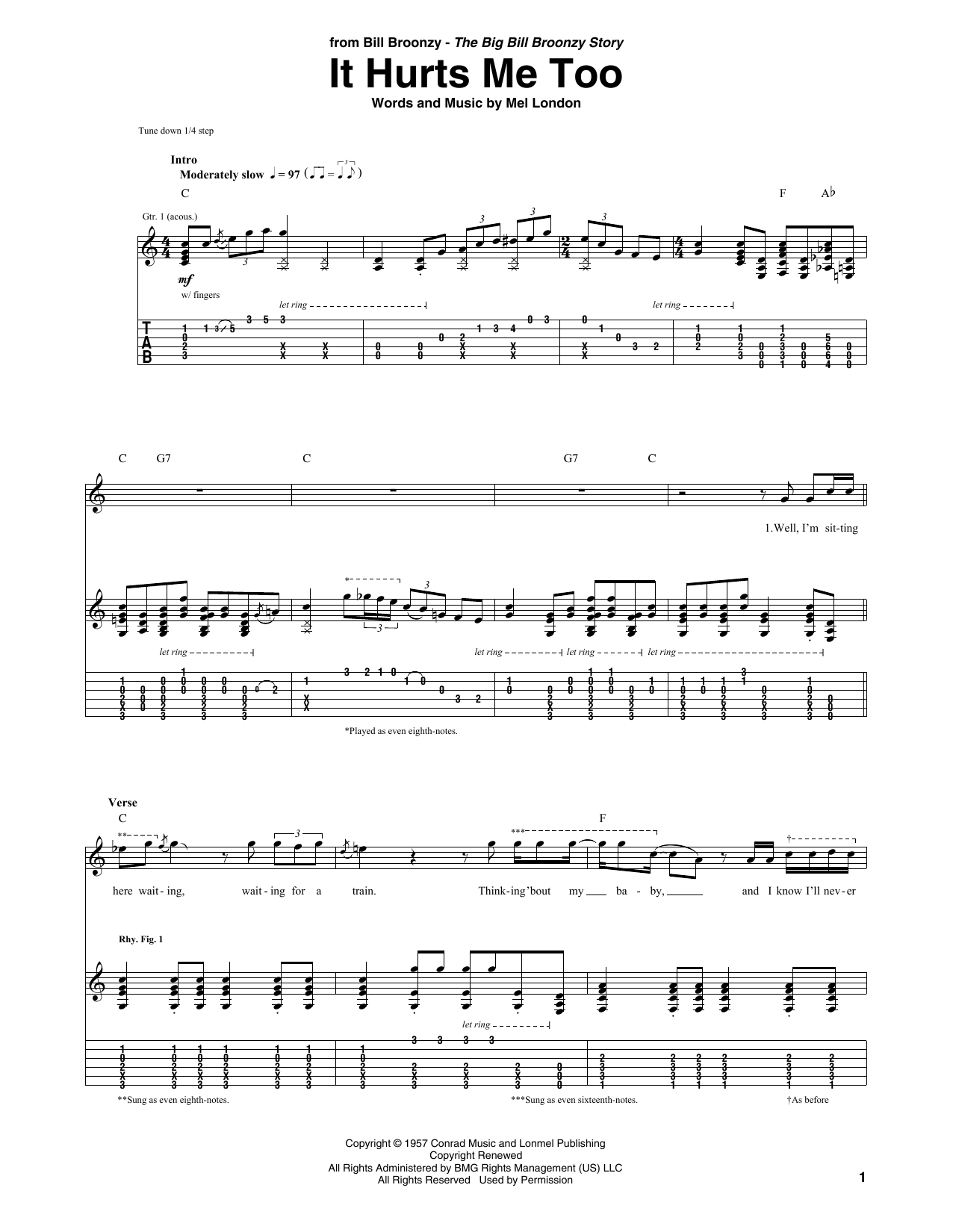 Download Big Bill Broonzy It Hurts Me Too Sheet Music and learn how to play Guitar Tab PDF digital score in minutes