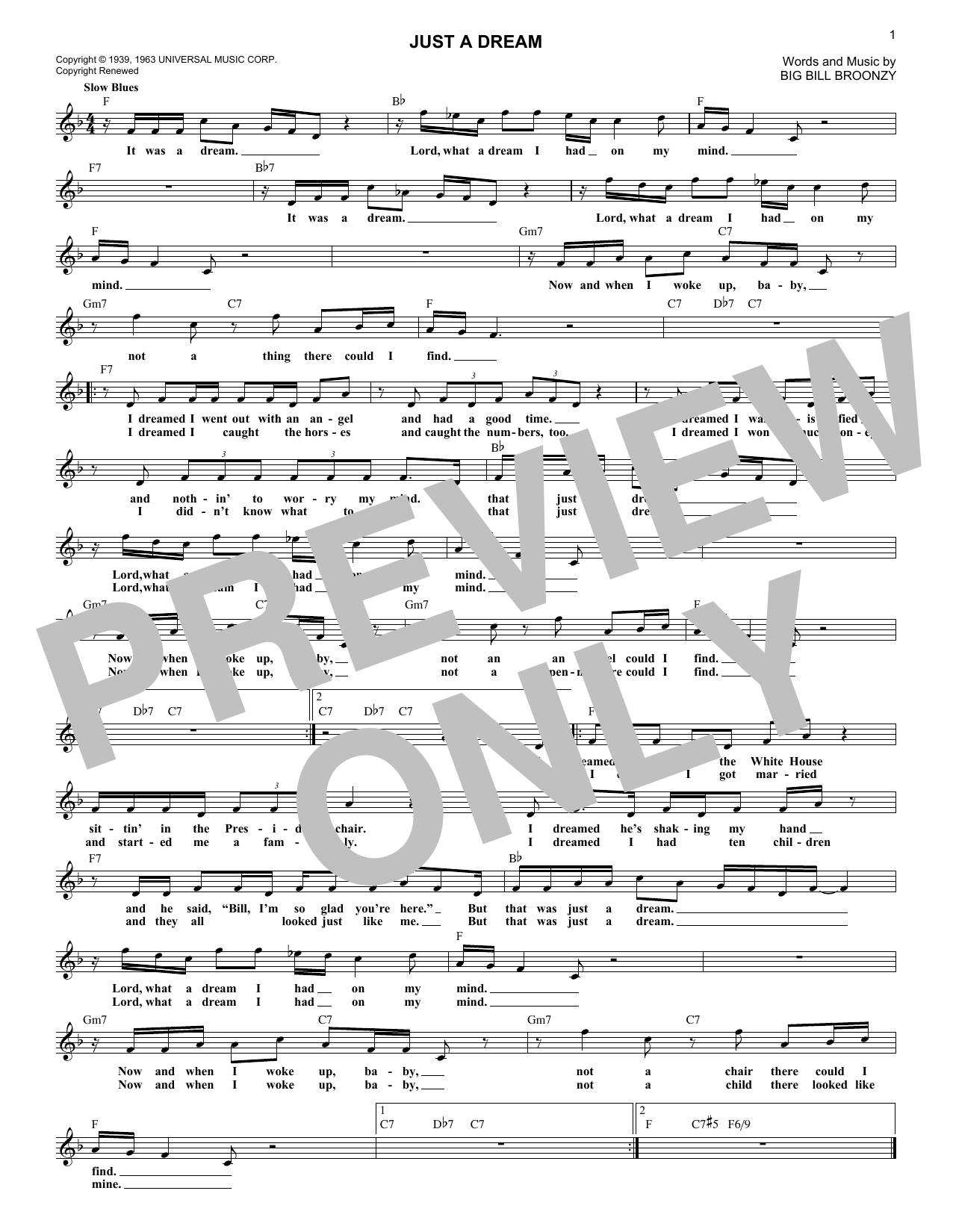 Download Big Bill Broonzy Just A Dream Sheet Music and learn how to play Melody Line, Lyrics & Chords PDF digital score in minutes