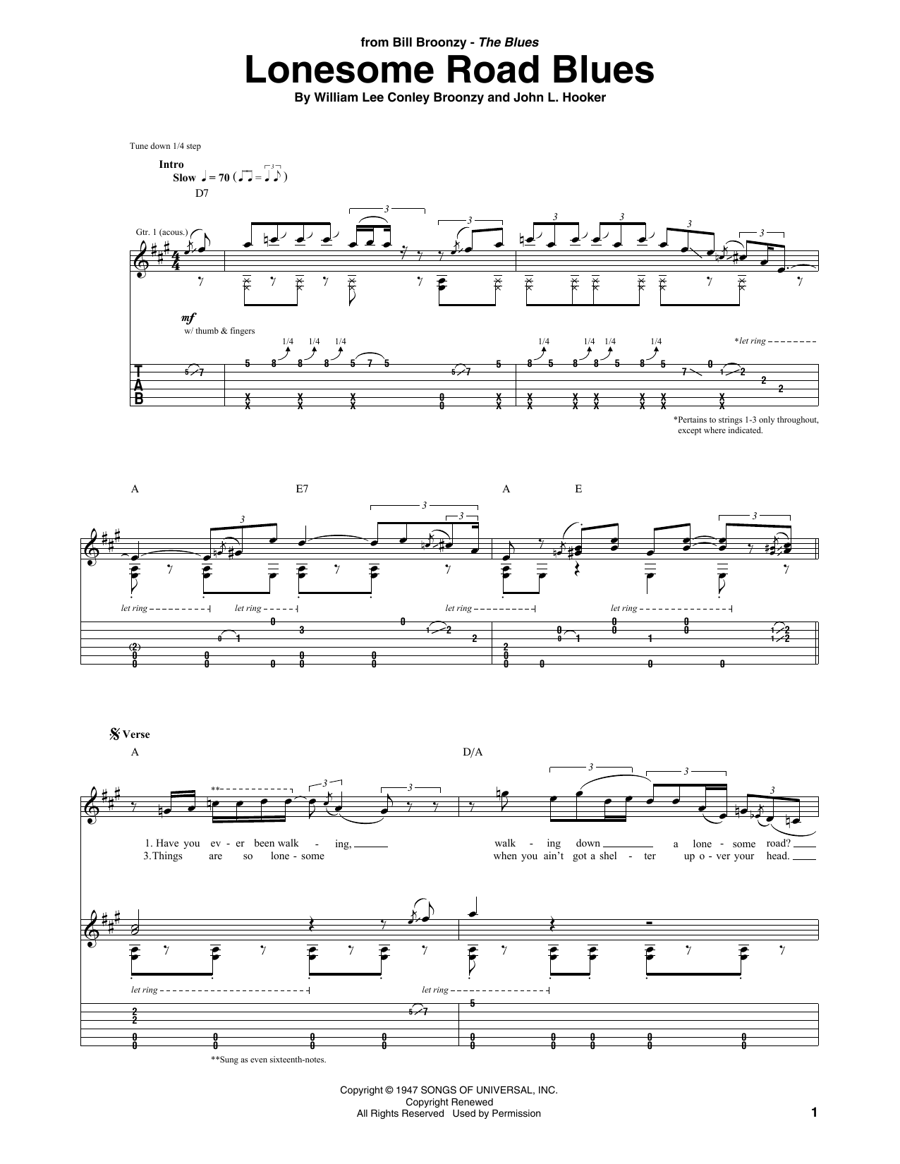 Download Big Bill Broonzy Lonesome Road Blues Sheet Music and learn how to play Guitar Tab PDF digital score in minutes