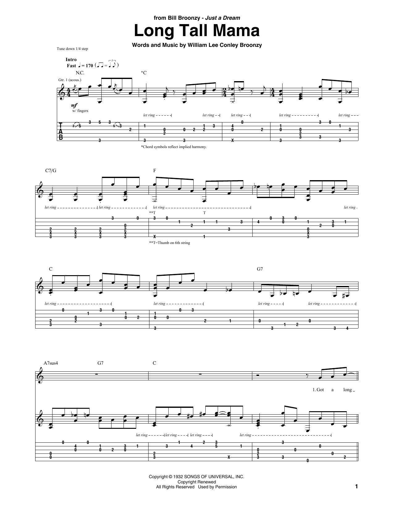 Download Big Bill Broonzy Long Tall Mama Sheet Music and learn how to play Guitar Tab PDF digital score in minutes