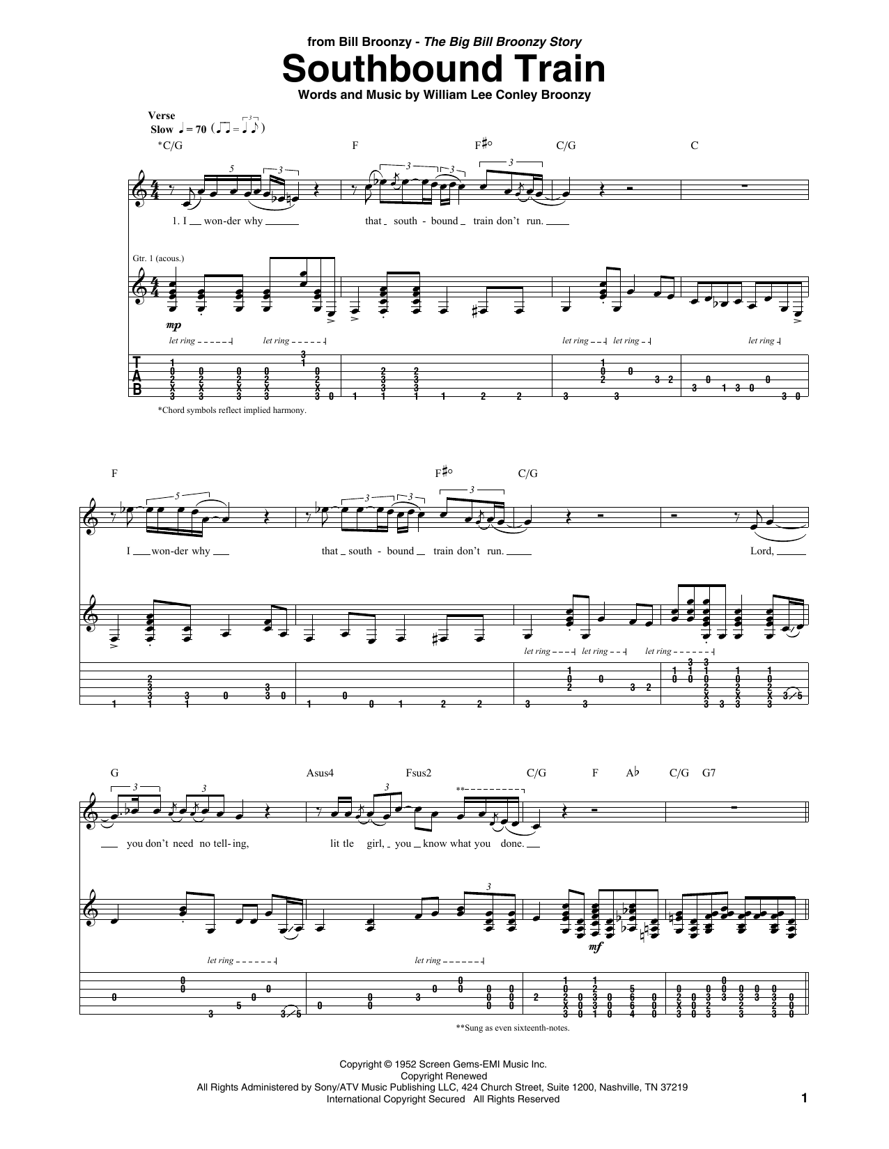 Download Big Bill Broonzy Southbound Train Sheet Music and learn how to play Guitar Tab PDF digital score in minutes