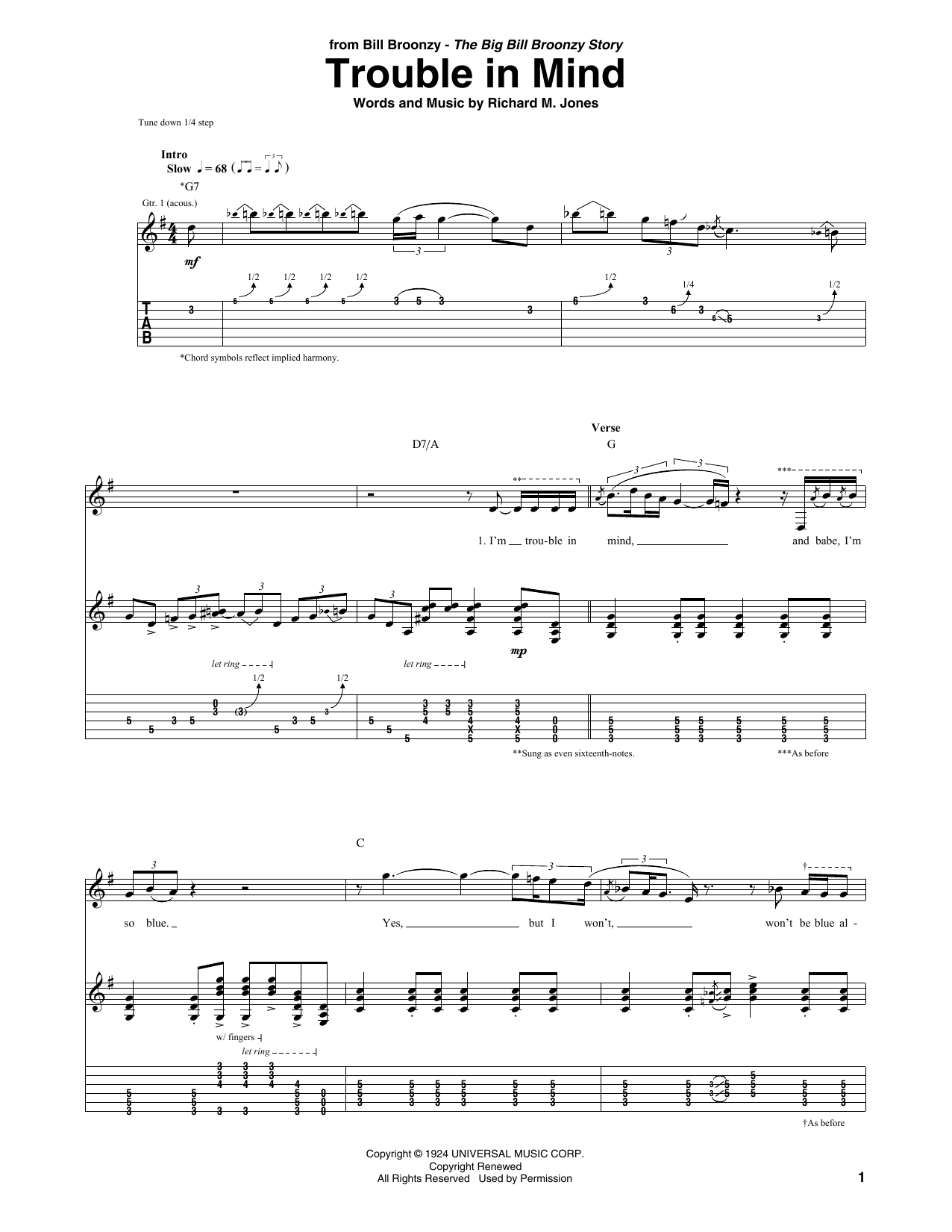 Download Big Bill Broonzy Trouble In Mind Sheet Music and learn how to play Guitar Tab PDF digital score in minutes