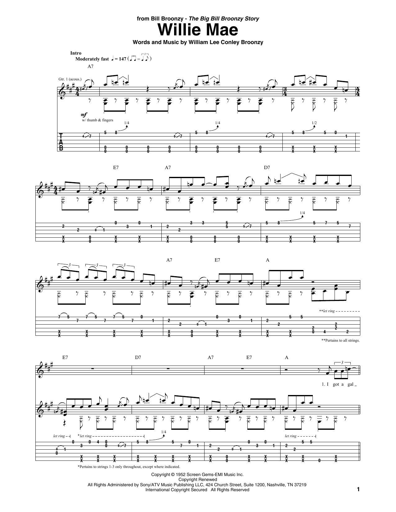 Download Big Bill Broonzy Willie Mae Sheet Music and learn how to play Guitar Tab PDF digital score in minutes