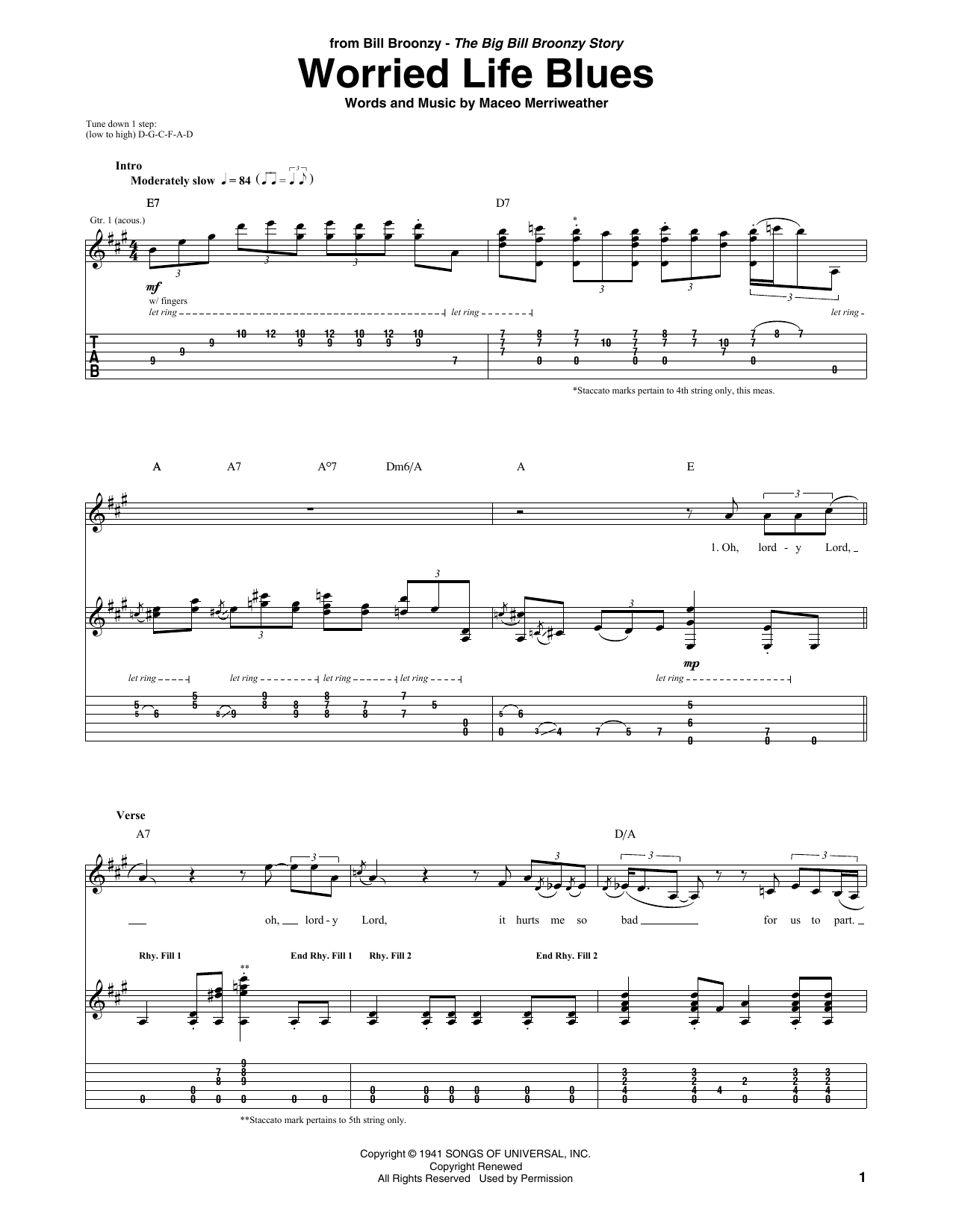 Download Big Bill Broonzy Worried Life Blues Sheet Music and learn how to play Guitar Tab PDF digital score in minutes