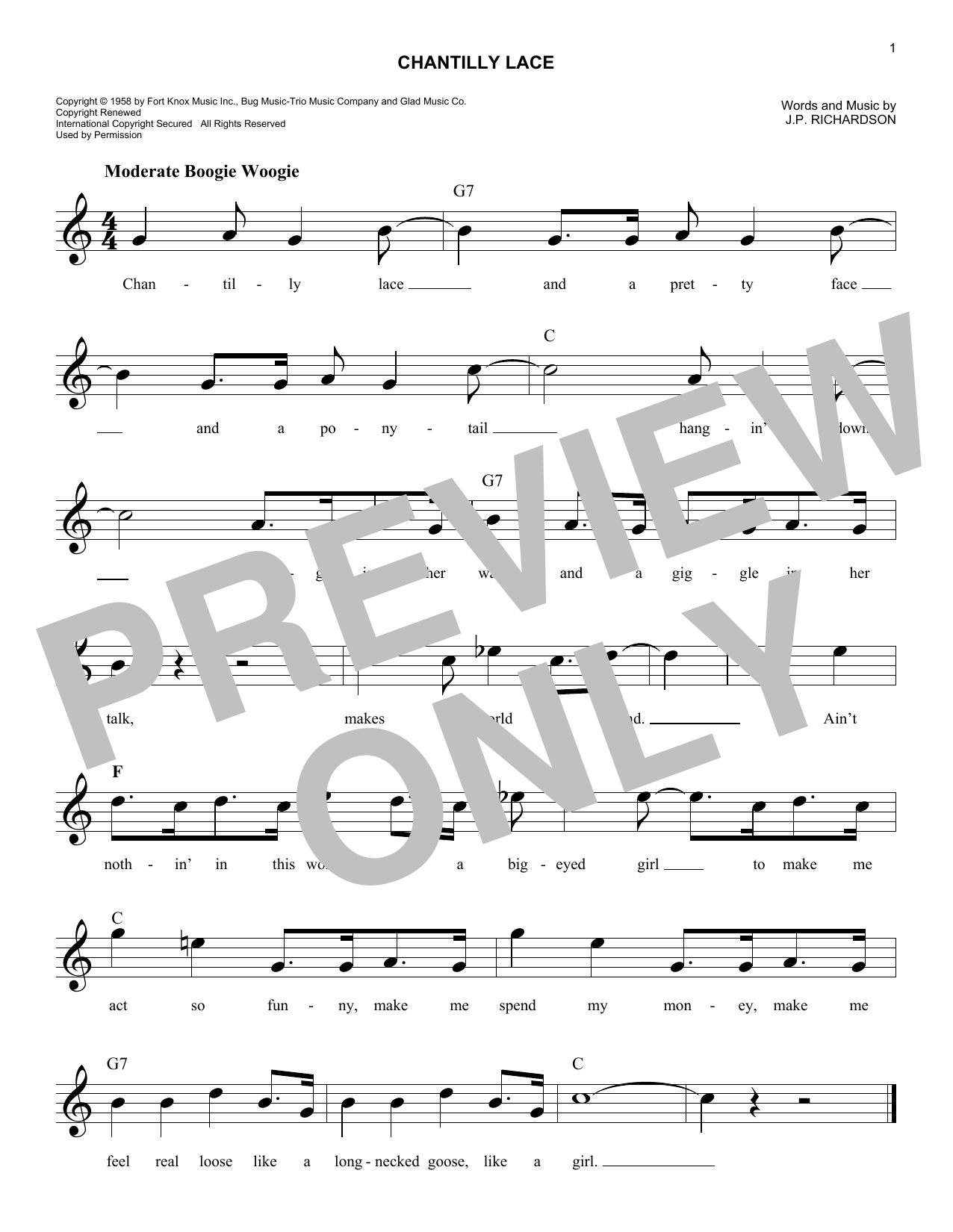 Download Big Bopper Chantilly Lace Sheet Music and learn how to play Melody Line, Lyrics & Chords PDF digital score in minutes