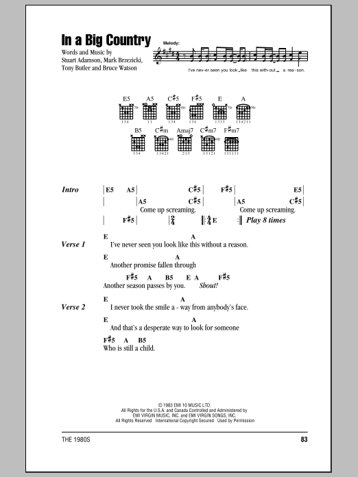 Download Big Country In A Big Country Sheet Music and learn how to play Piano, Vocal & Guitar (Right-Hand Melody) PDF digital score in minutes