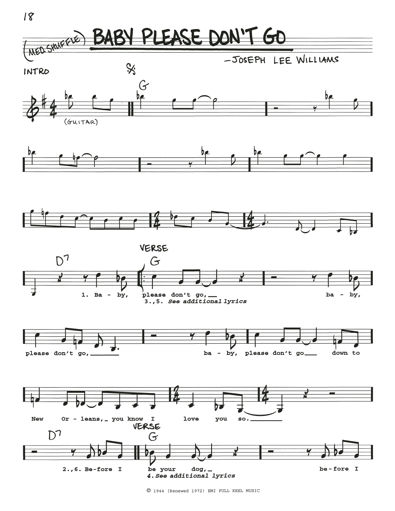 Download Big Joe Williams Baby Please Don't Go Sheet Music and learn how to play Real Book – Melody, Lyrics & Chords PDF digital score in minutes