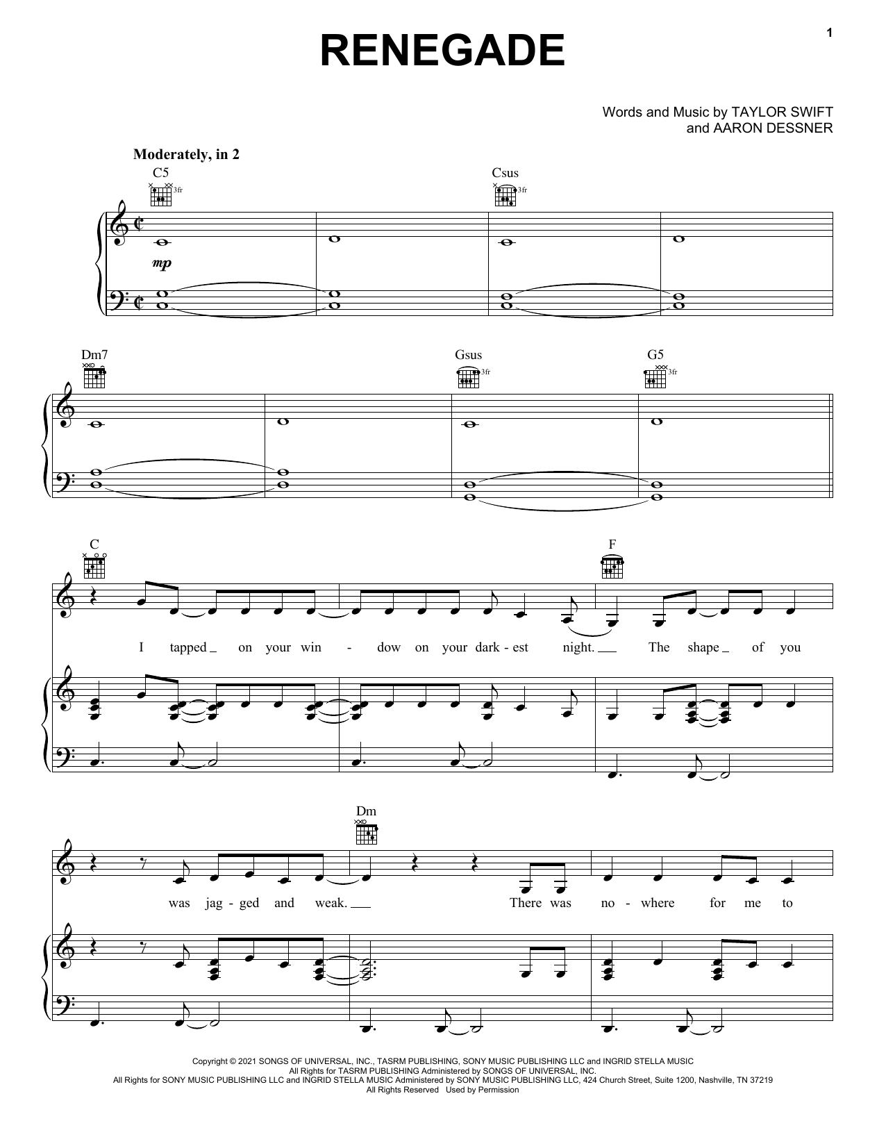 Download Big Red Machine Renegade (feat. Taylor Swift) Sheet Music and learn how to play Easy Guitar Tab PDF digital score in minutes