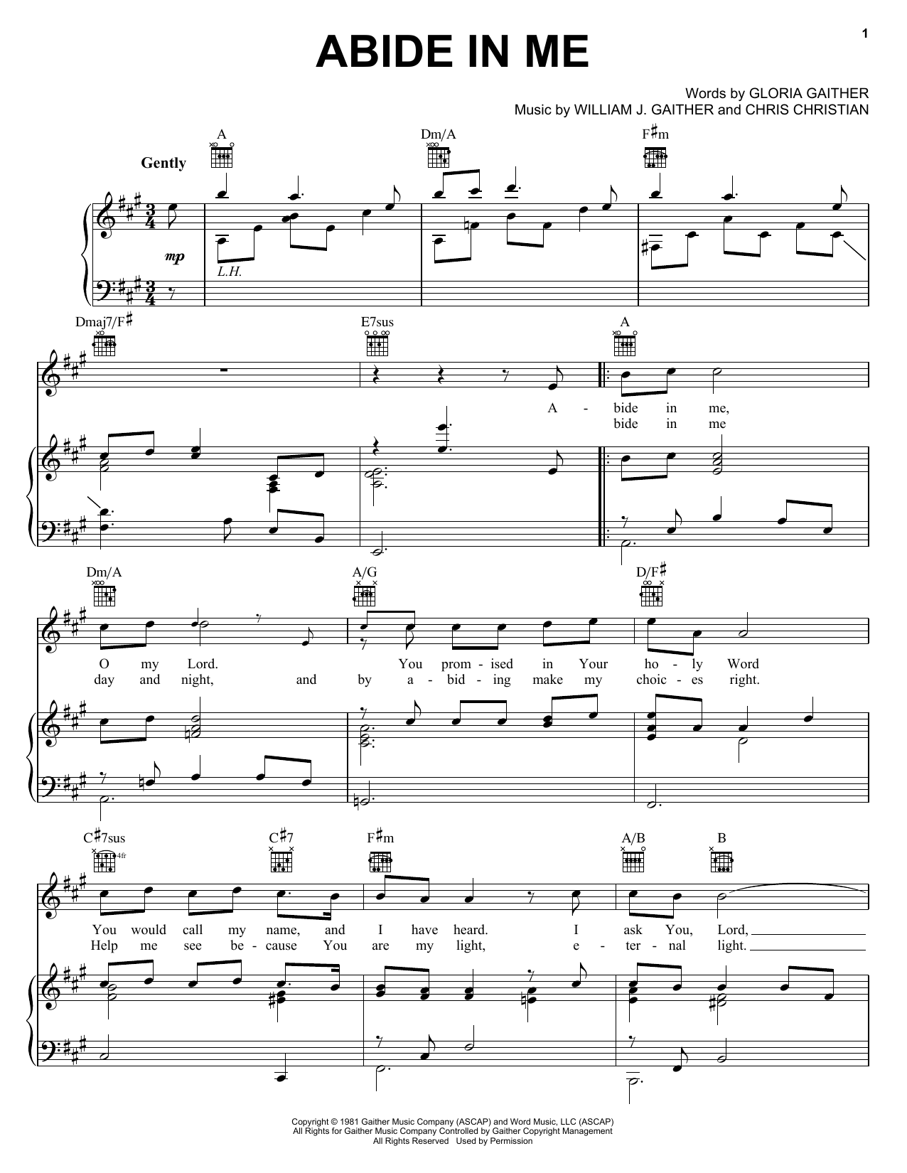 Download Bill & Gloria Gaither Abide In Me Sheet Music and learn how to play Piano, Vocal & Guitar (Right-Hand Melody) PDF digital score in minutes
