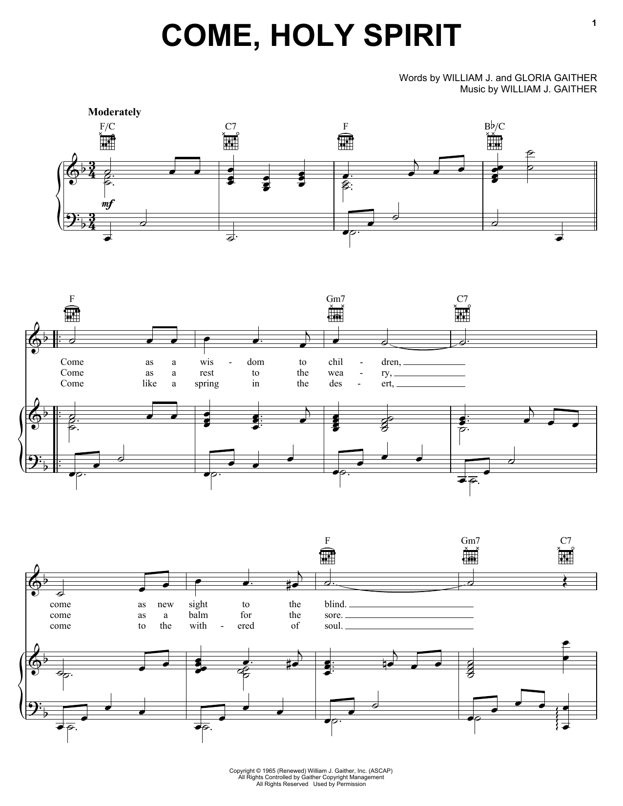 Download Gaither Vocal Band Come, Holy Spirit Sheet Music and learn how to play Piano, Vocal & Guitar (Right-Hand Melody) PDF digital score in minutes