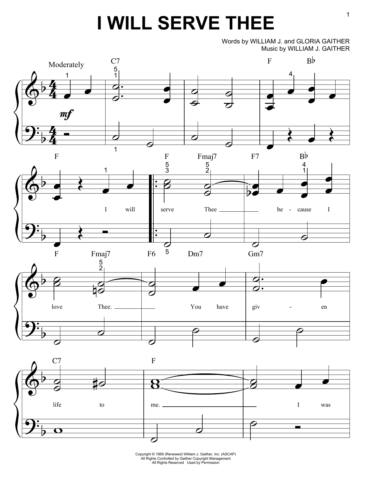Download Bill & Gloria Gaither I Will Serve Thee Sheet Music and learn how to play Piano (Big Notes) PDF digital score in minutes