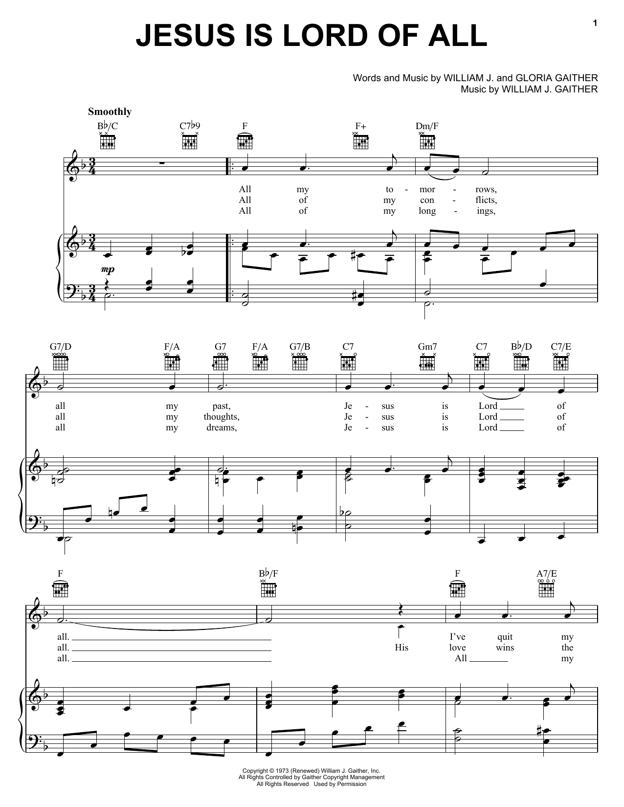 Download Bill & Gloria Gaither Jesus Is Lord Of All Sheet Music and learn how to play Piano, Vocal & Guitar (Right-Hand Melody) PDF digital score in minutes