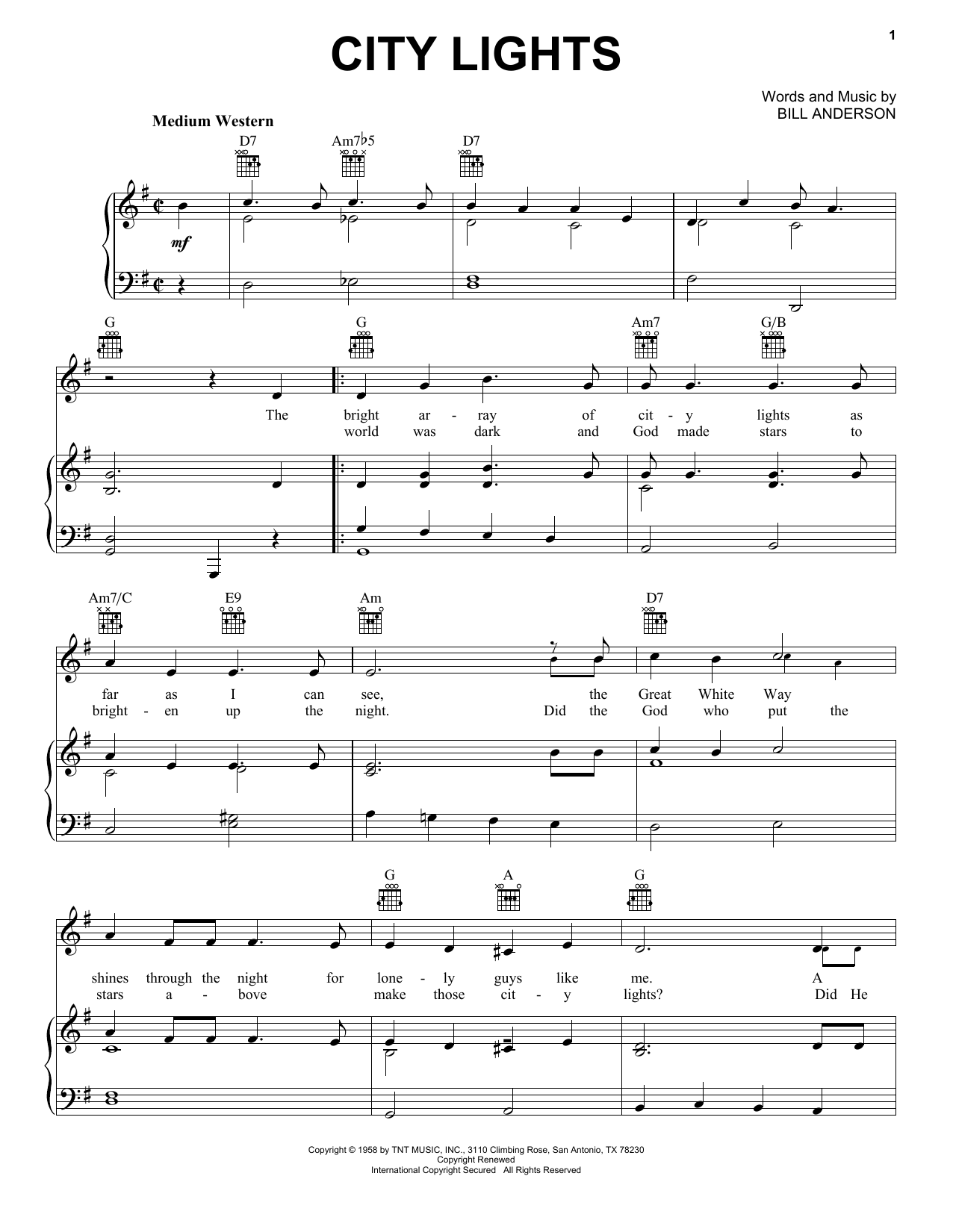 Download Bill Anderson City Lights Sheet Music and learn how to play Piano, Vocal & Guitar (Right-Hand Melody) PDF digital score in minutes