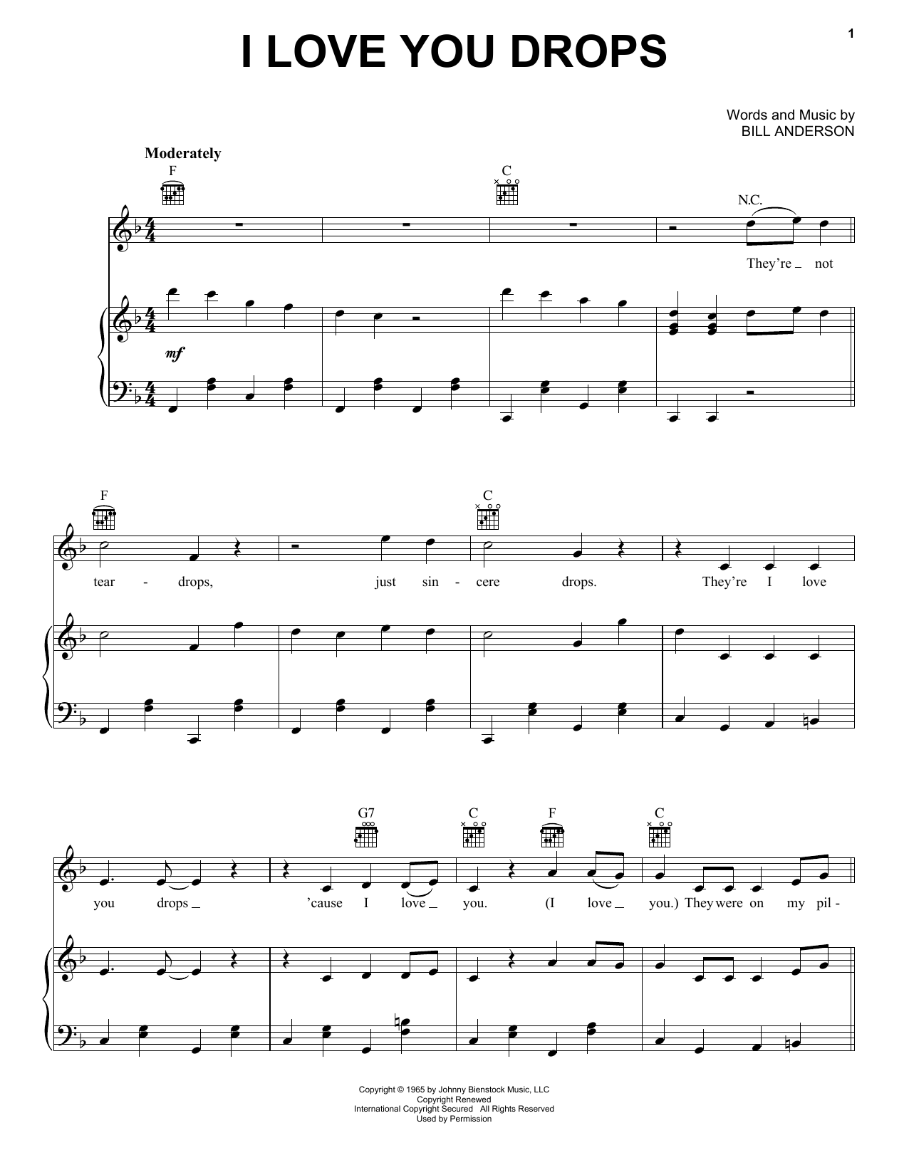 Download Bill Anderson I Love You Drops Sheet Music and learn how to play Piano, Vocal & Guitar (Right-Hand Melody) PDF digital score in minutes