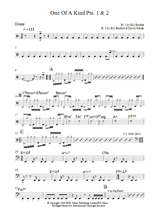 Download Bill Bruford One Of A Kind Pts. 1 & 2 Sheet Music and learn how to play Tenor Saxophone PDF digital score in minutes