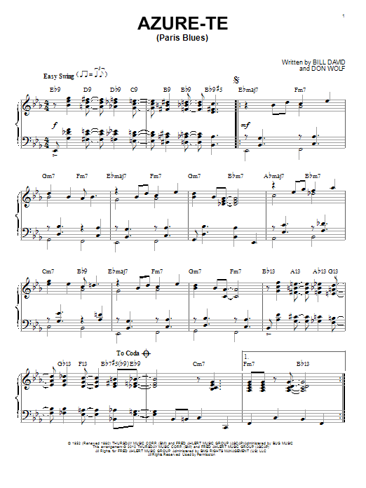 Download Bill Davis Azure-Te (Paris Blues) Sheet Music and learn how to play Piano PDF digital score in minutes