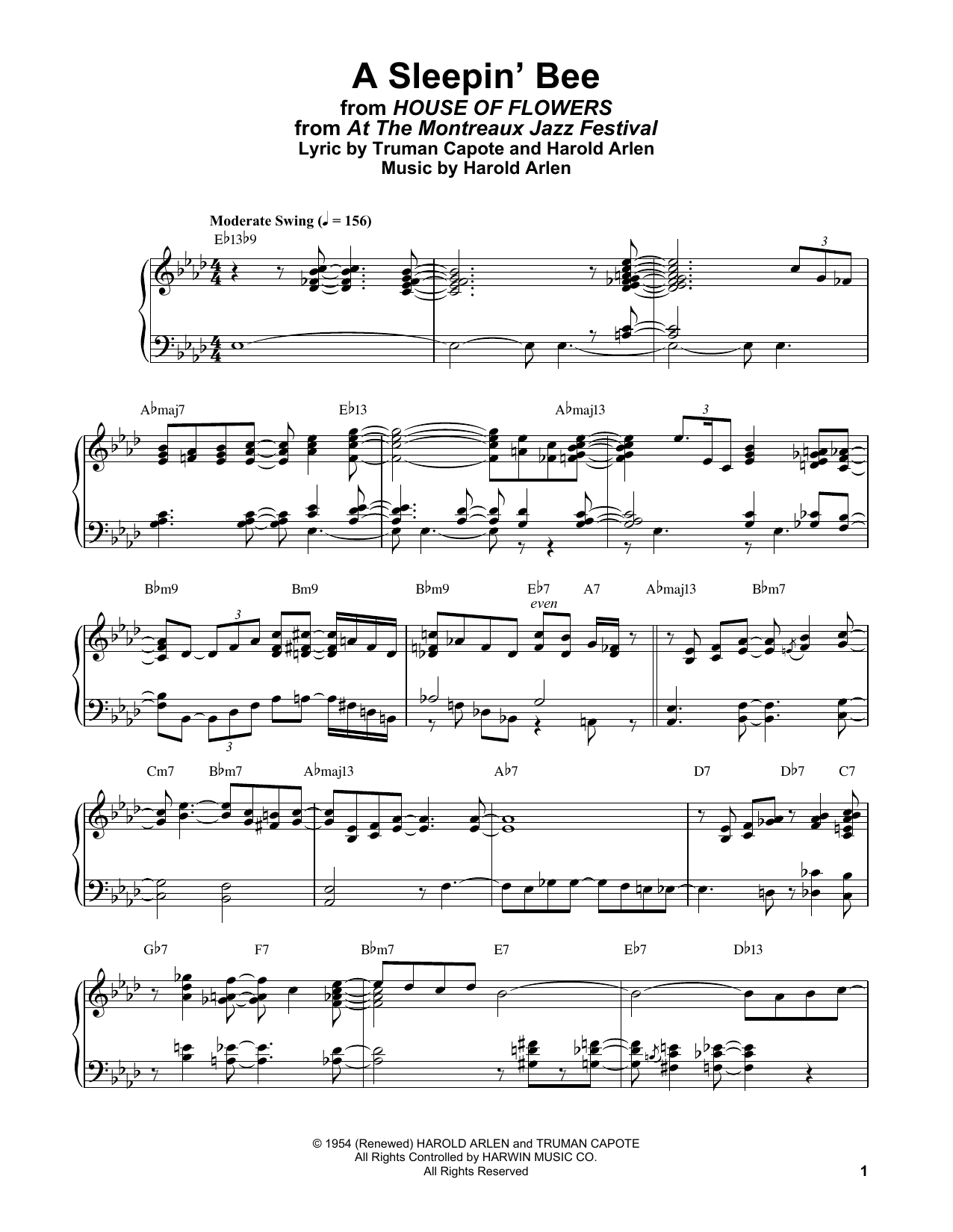 Download Bill Evans A Sleepin' Bee (from House Of Flowers) Sheet Music and learn how to play Piano Solo PDF digital score in minutes