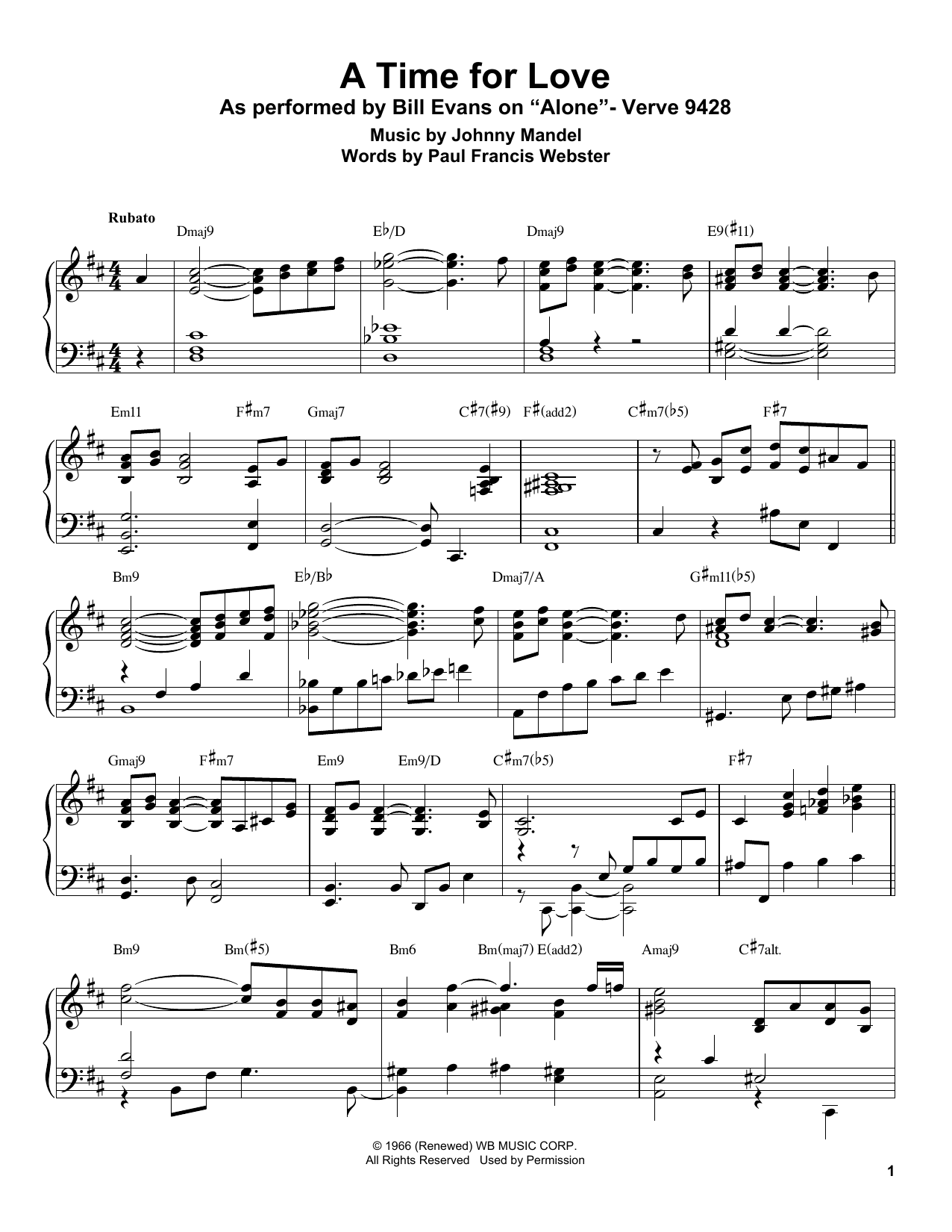 Download Bill Evans A Time For Love Sheet Music and learn how to play Piano Transcription PDF digital score in minutes