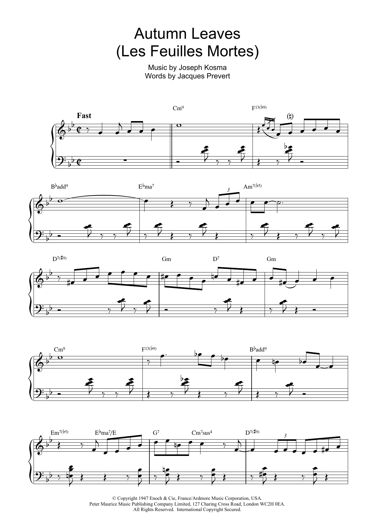 Download Bill Evans Autumn Leaves (Les Feuilles Mortes) Sheet Music and learn how to play Piano PDF digital score in minutes