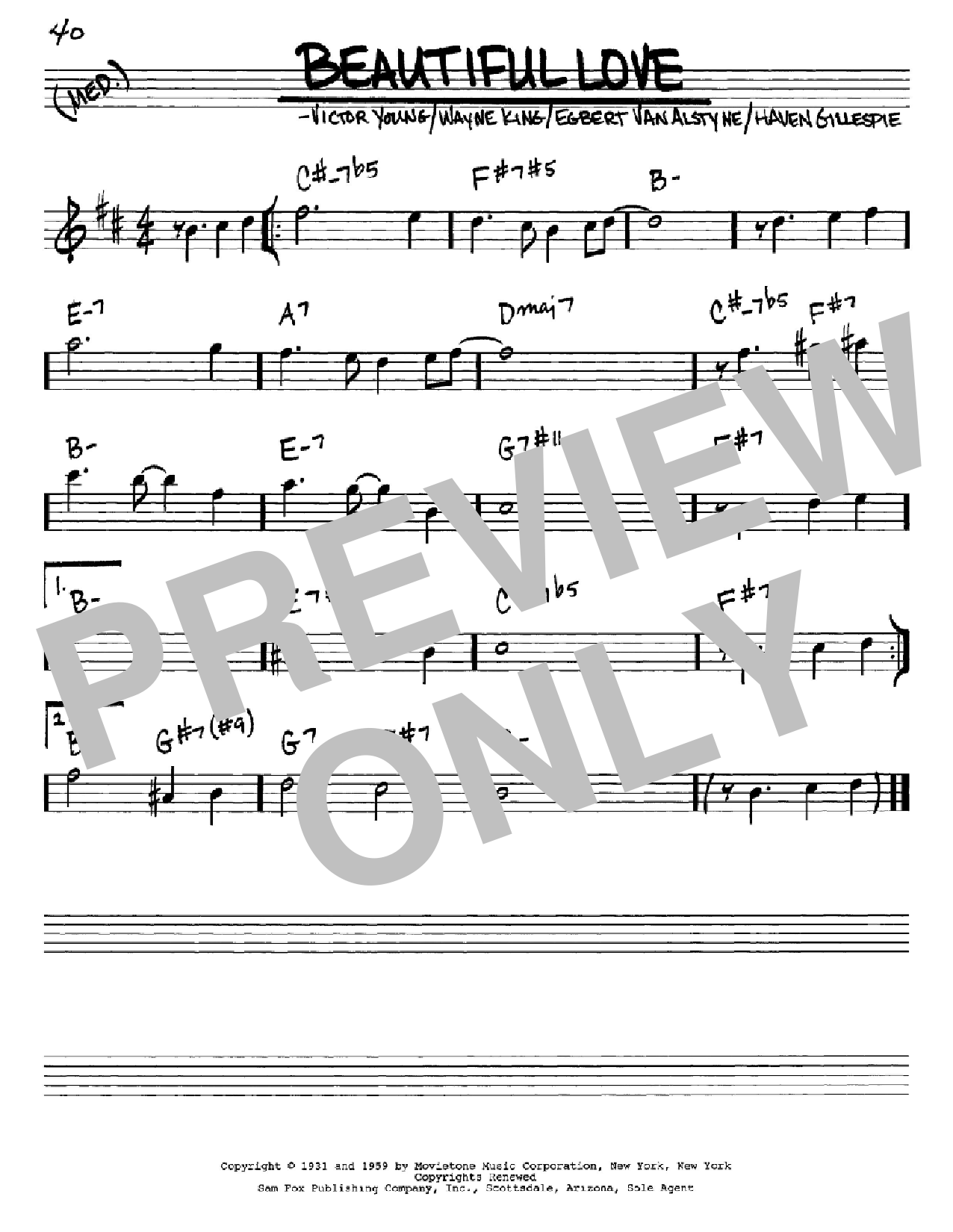 Download Bill Evans Beautiful Love Sheet Music and learn how to play Real Book – Melody & Chords – Eb Instruments PDF digital score in minutes