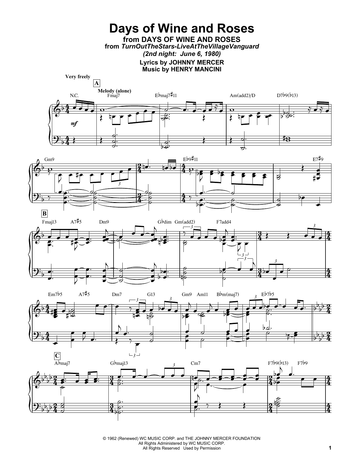 Download Bill Evans Days Of Wine And Roses Sheet Music and learn how to play Piano Solo PDF digital score in minutes