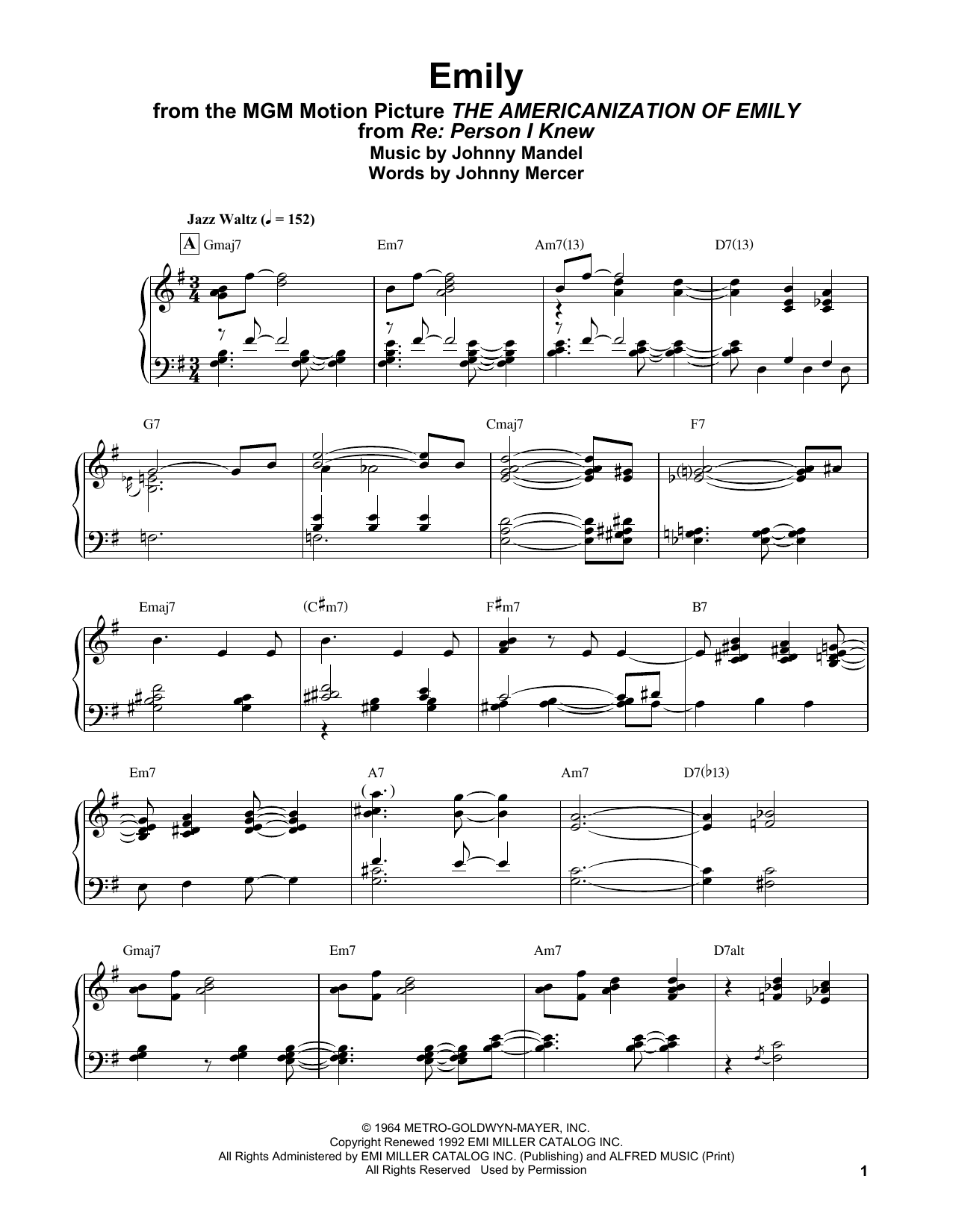 Download Bill Evans Emily (from The Americanization of Emily) Sheet Music and learn how to play Piano Solo PDF digital score in minutes