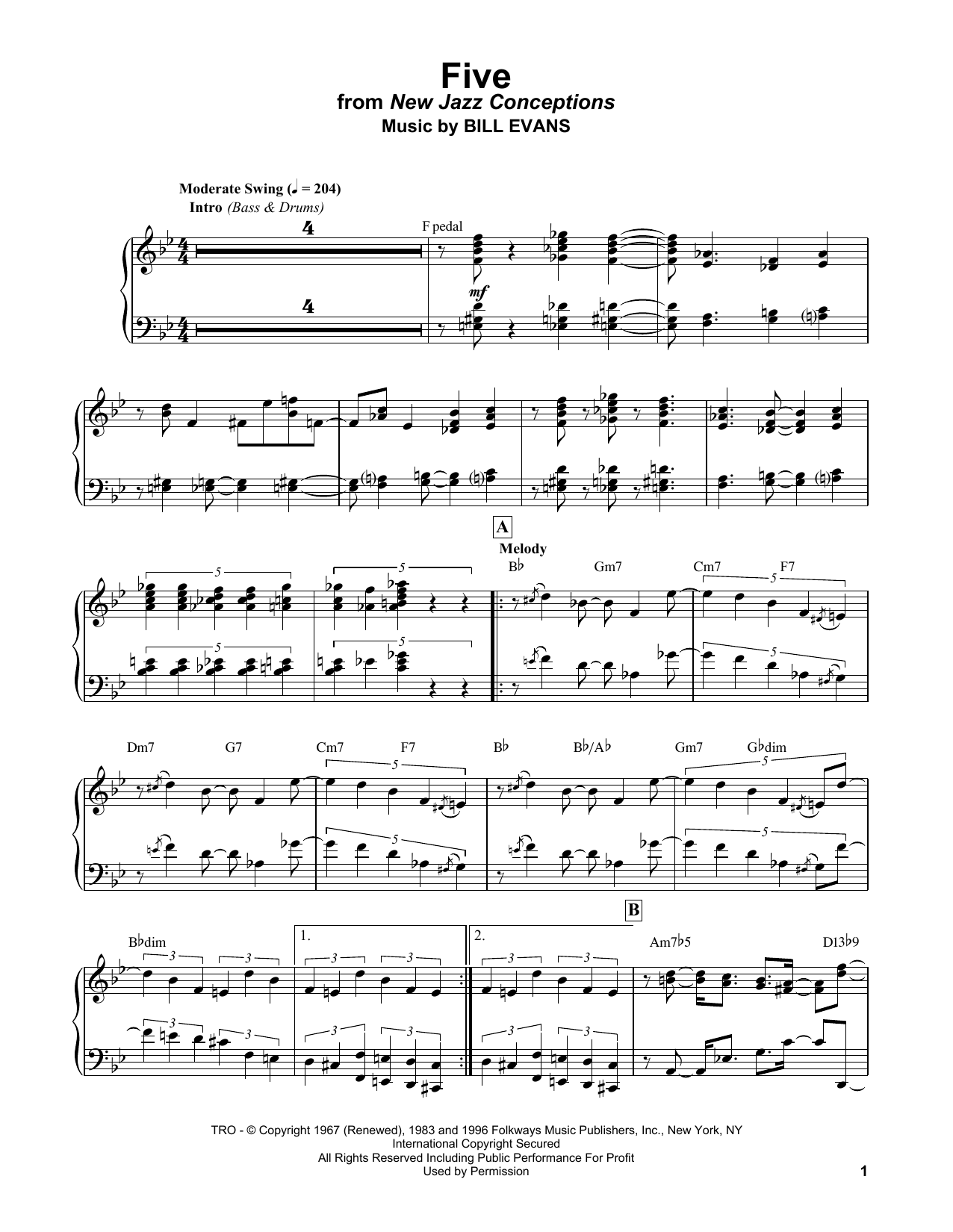 Download Bill Evans Five Sheet Music and learn how to play Piano Solo PDF digital score in minutes