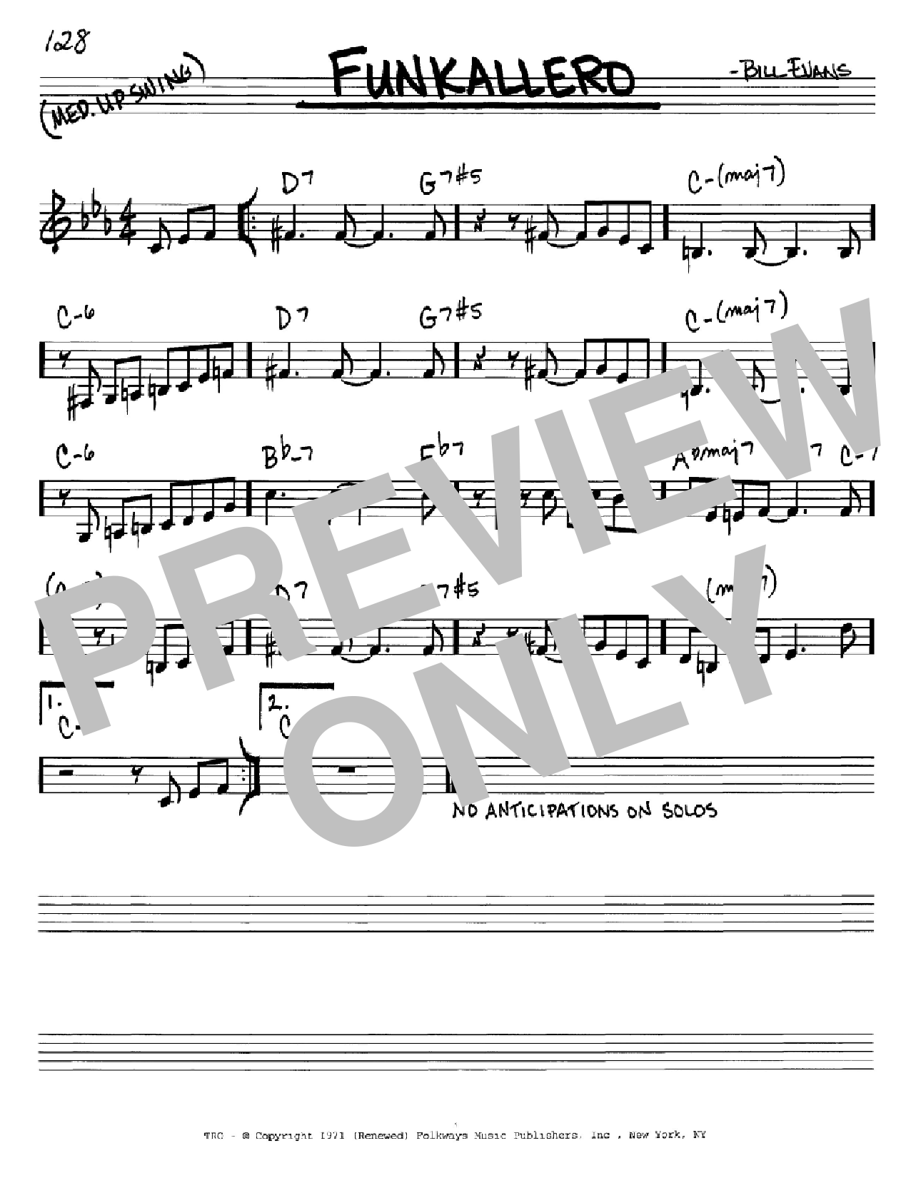 Download Bill Evans Funkallero Sheet Music and learn how to play Real Book – Melody & Chords – C Instruments PDF digital score in minutes