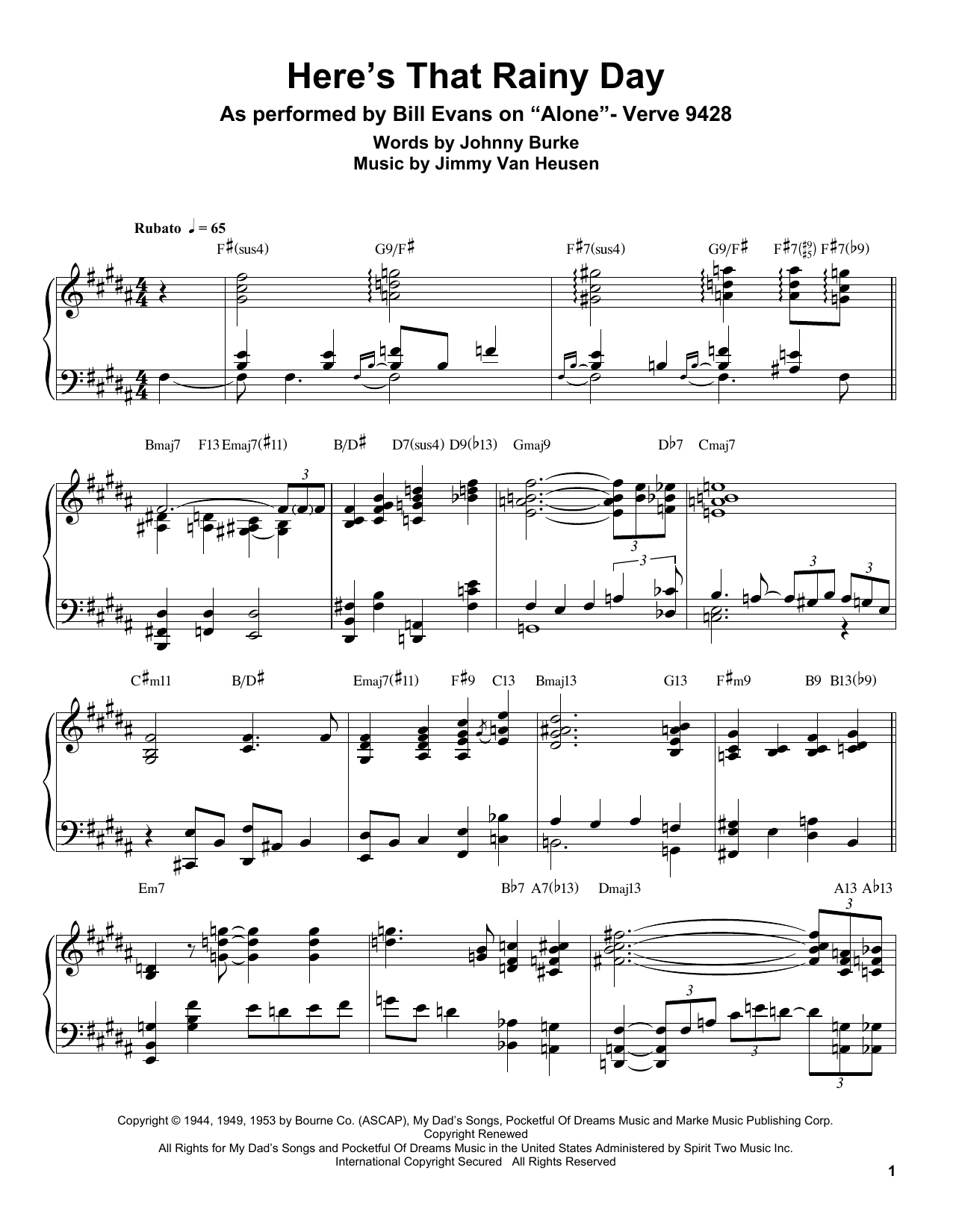 Download Bill Evans Here's That Rainy Day Sheet Music and learn how to play Piano Transcription PDF digital score in minutes