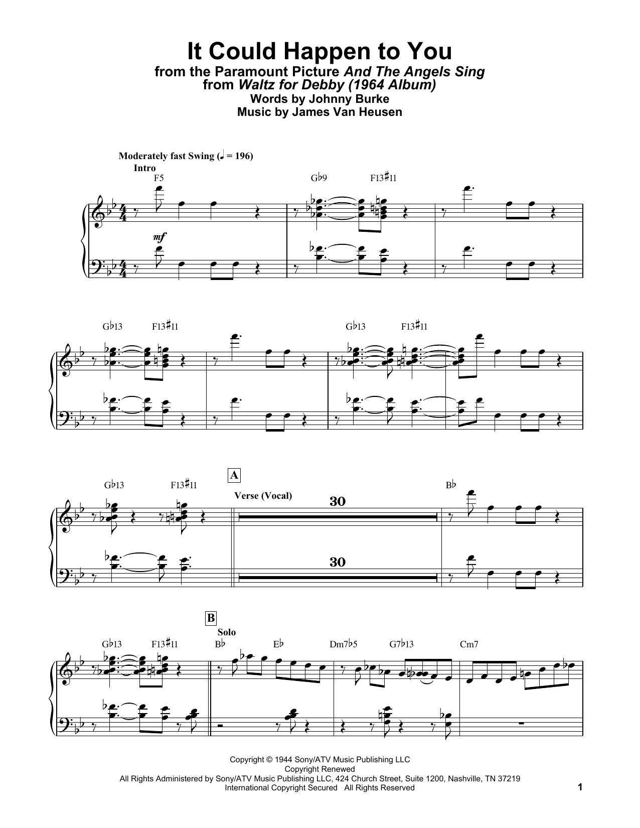 Download Bill Evans It Could Happen To You (from And The Angels Sing) Sheet Music and learn how to play Piano Solo PDF digital score in minutes