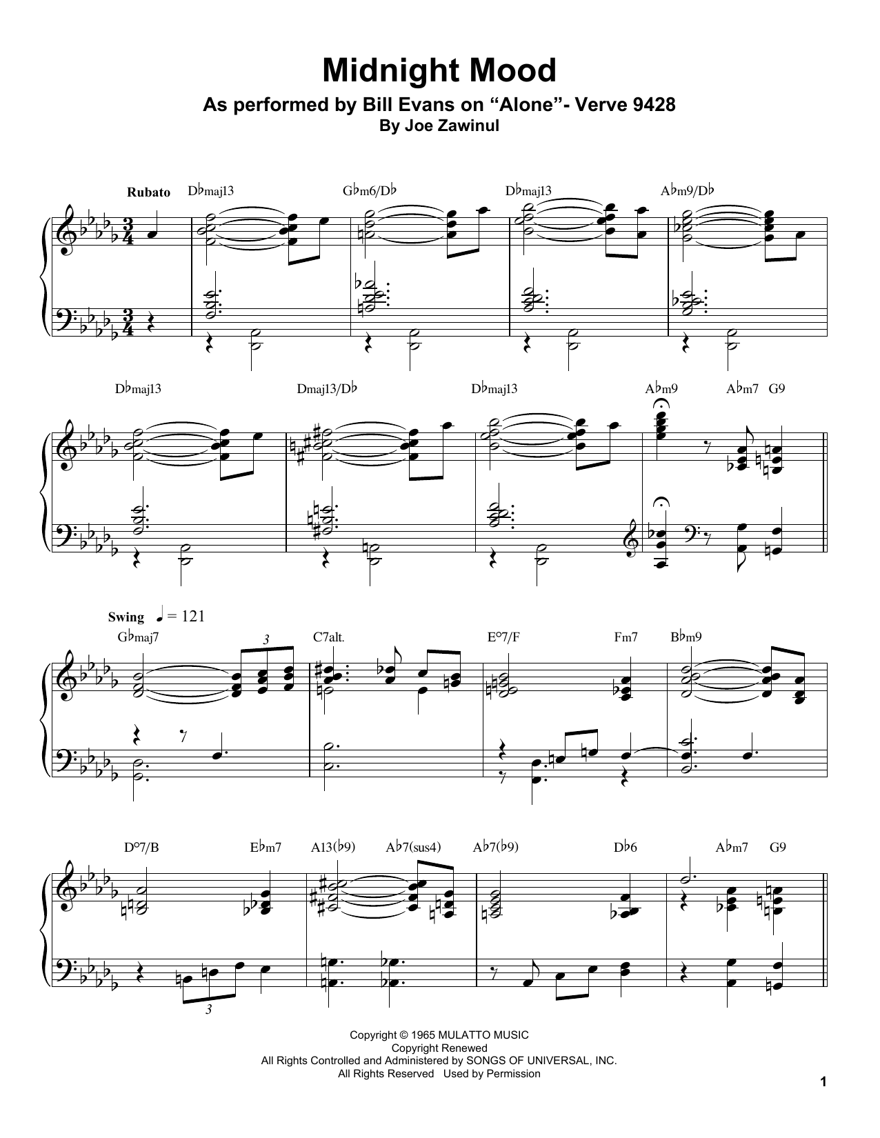 Download Bill Evans Midnight Mood Sheet Music and learn how to play Piano Transcription PDF digital score in minutes