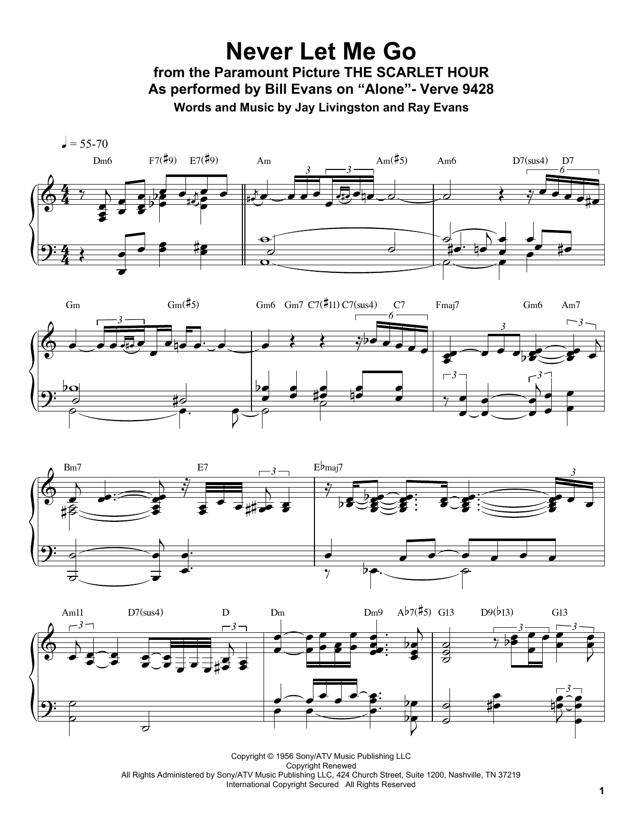 Download Bill Evans Never Let Me Go Sheet Music and learn how to play Piano Transcription PDF digital score in minutes