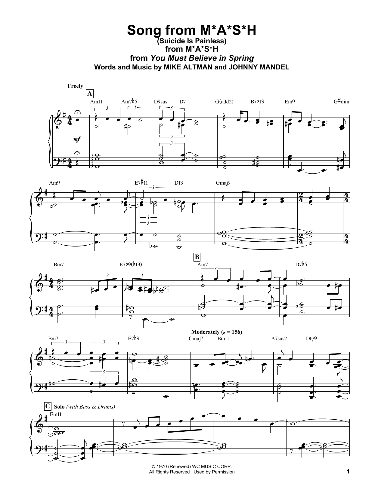 Download Bill Evans Song From M*A*S*H (Suicide Is Painless) Sheet Music and learn how to play Piano Solo PDF digital score in minutes