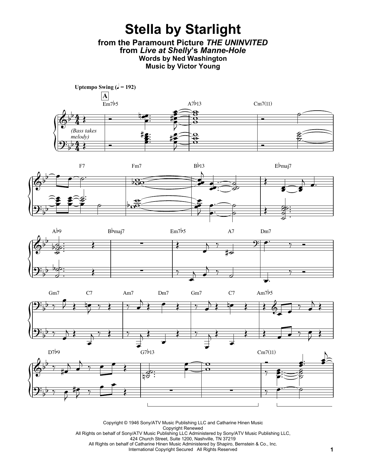 Download Bill Evans Stella By Starlight (from The Uninvited) Sheet Music and learn how to play Piano Solo PDF digital score in minutes