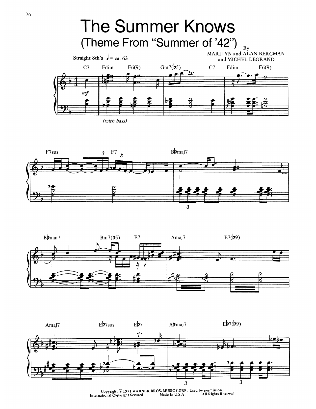 Download Bill Evans Theme From Summer Of '42 (The Summer Knows) Sheet Music and learn how to play Piano Transcription PDF digital score in minutes