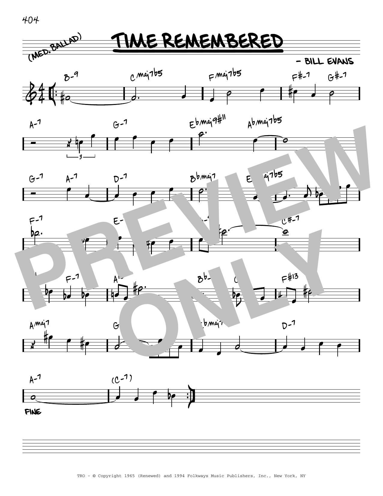 Download Bill Evans Time Remembered [Reharmonized version] (arr. Jack Grassel) Sheet Music and learn how to play Real Book – Melody & Chords PDF digital score in minutes