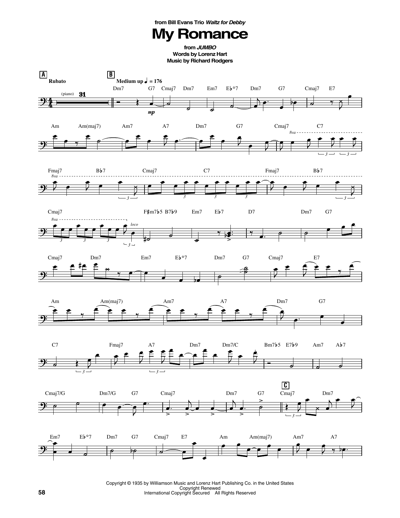 Download Bill Evans Trio My Romance Sheet Music and learn how to play String Bass Transcription PDF digital score in minutes