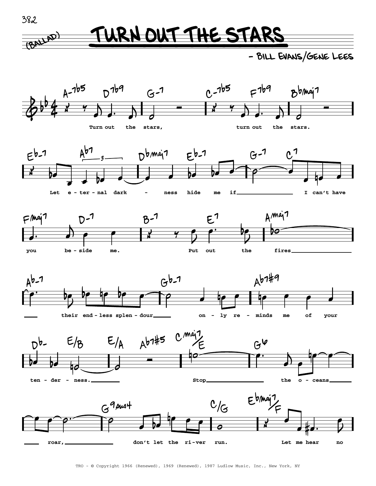 Download Bill Evans Turn Out The Stars (Low Voice) Sheet Music and learn how to play Real Book – Melody, Lyrics & Chords PDF digital score in minutes