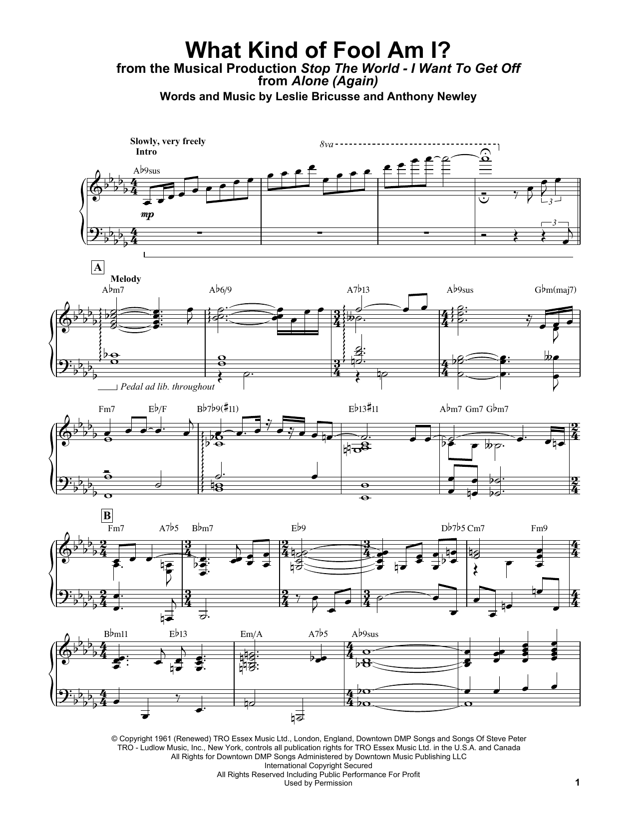 Download Bill Evans What Kind Of Fool Am I? (from Stop The World - I Want To Get Off) Sheet Music and learn how to play Piano Solo PDF digital score in minutes