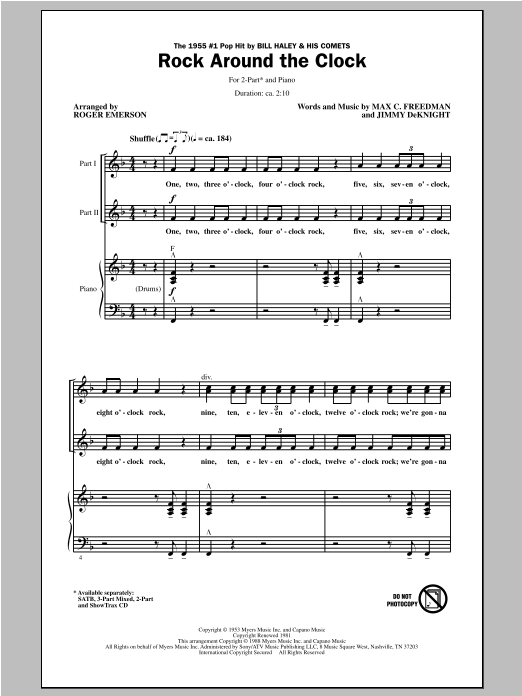 Download Bill Haley & His Comets Rock Around The Clock (arr. Roger Emerson) Sheet Music and learn how to play 2-Part Choir PDF digital score in minutes