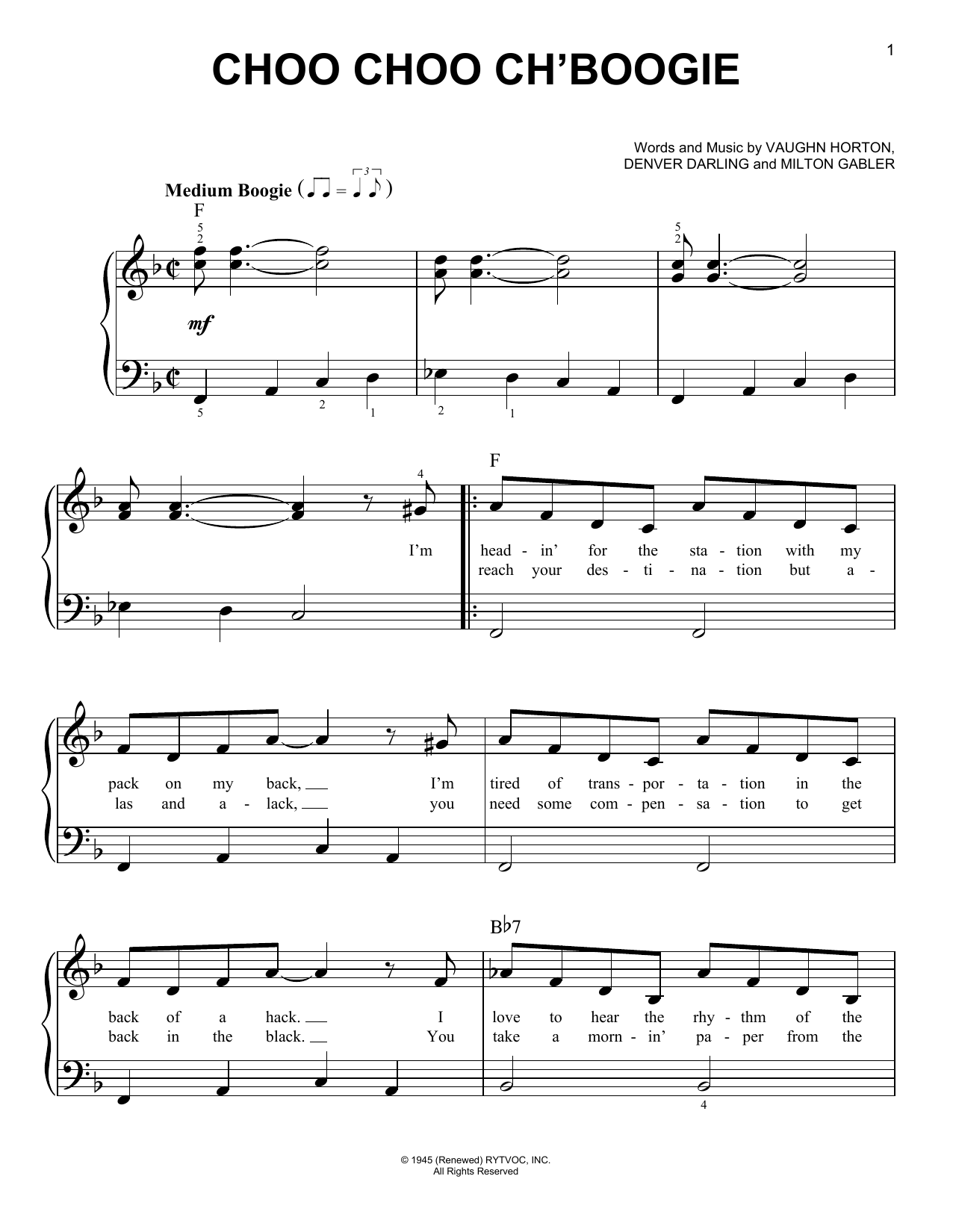 Download Bill Haley Choo Choo Ch' Boogie Sheet Music and learn how to play Very Easy Piano PDF digital score in minutes