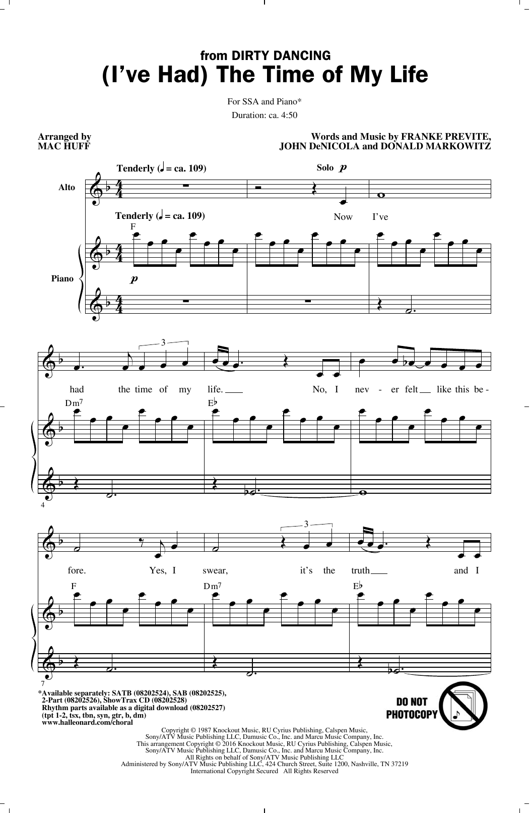 Download Bill Medley and Jennifer Warnes (I've Had) The Time Of My Life (arr. Mac Huff) Sheet Music and learn how to play SSA PDF digital score in minutes