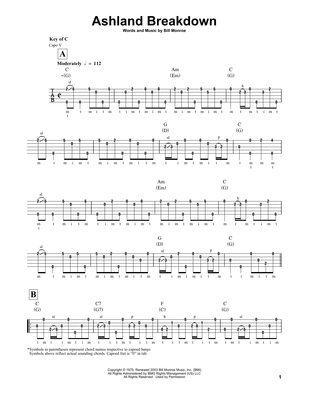 Download Bill Monroe Ashland Breakdown Sheet Music and learn how to play Banjo PDF digital score in minutes