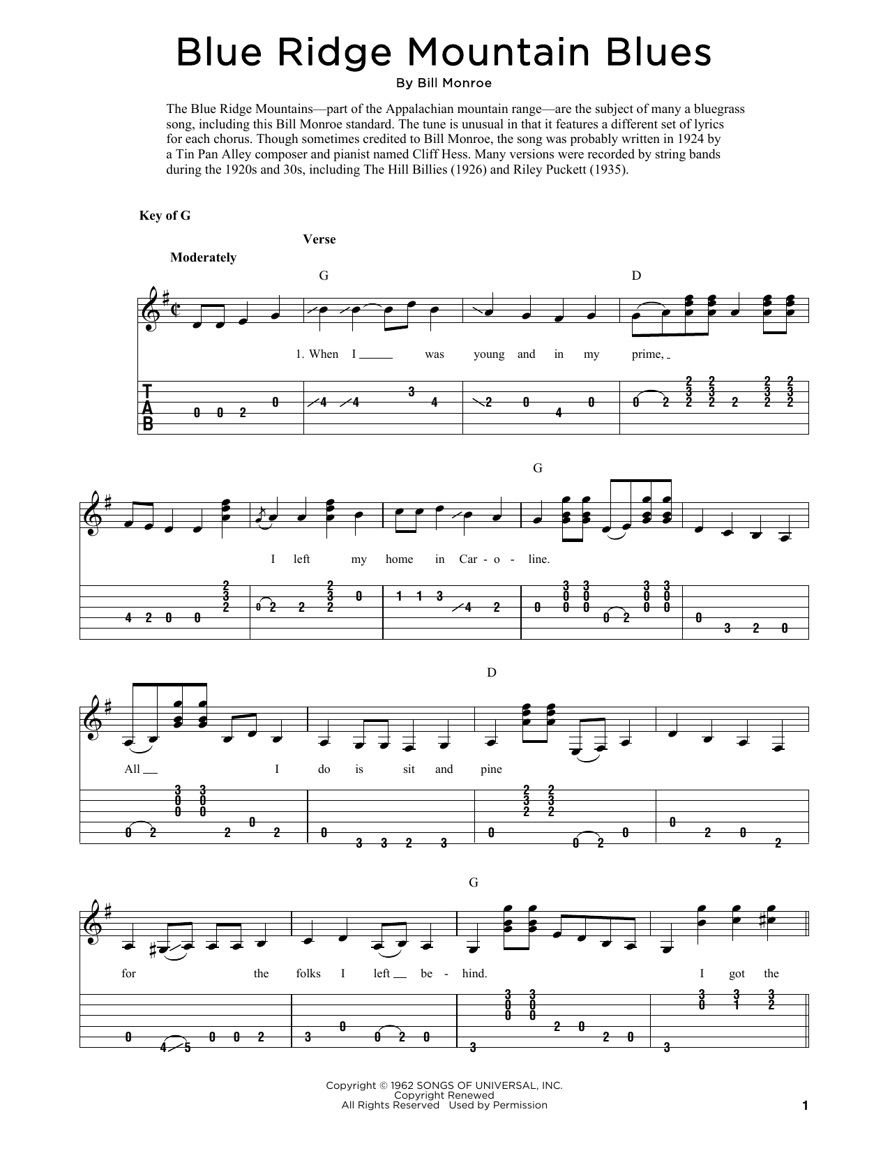 Download Bill Monroe Blue Ridge Mountain Blues (arr. Fred Sokolow) Sheet Music and learn how to play Solo Guitar PDF digital score in minutes