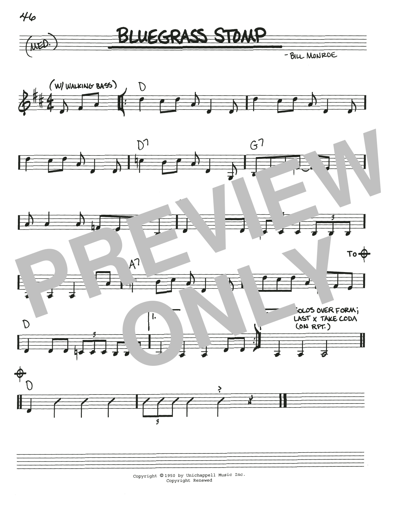 Download Bill Monroe Bluegrass Stomp Sheet Music and learn how to play Real Book – Melody, Lyrics & Chords PDF digital score in minutes