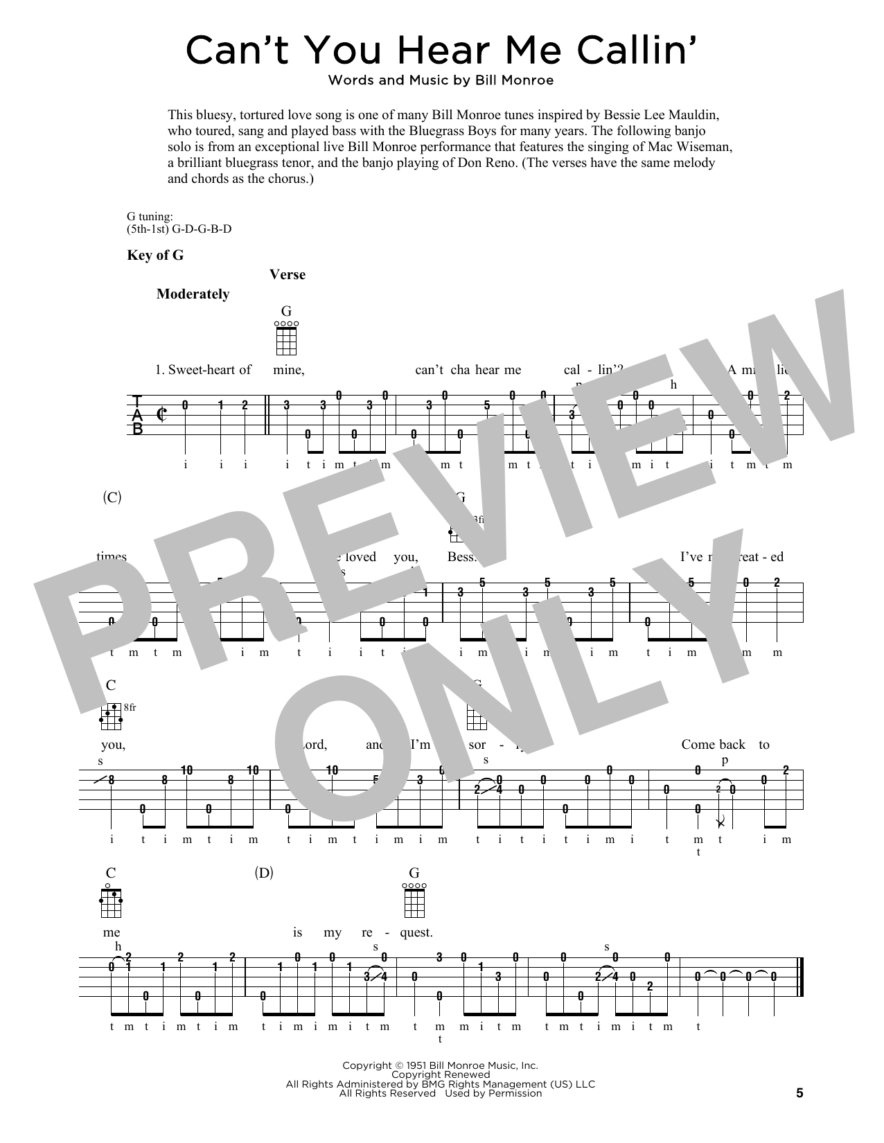 Download Bill Monroe Can't You Hear Me Callin' (arr. Fred Sokolow) Sheet Music and learn how to play Banjo Tab PDF digital score in minutes