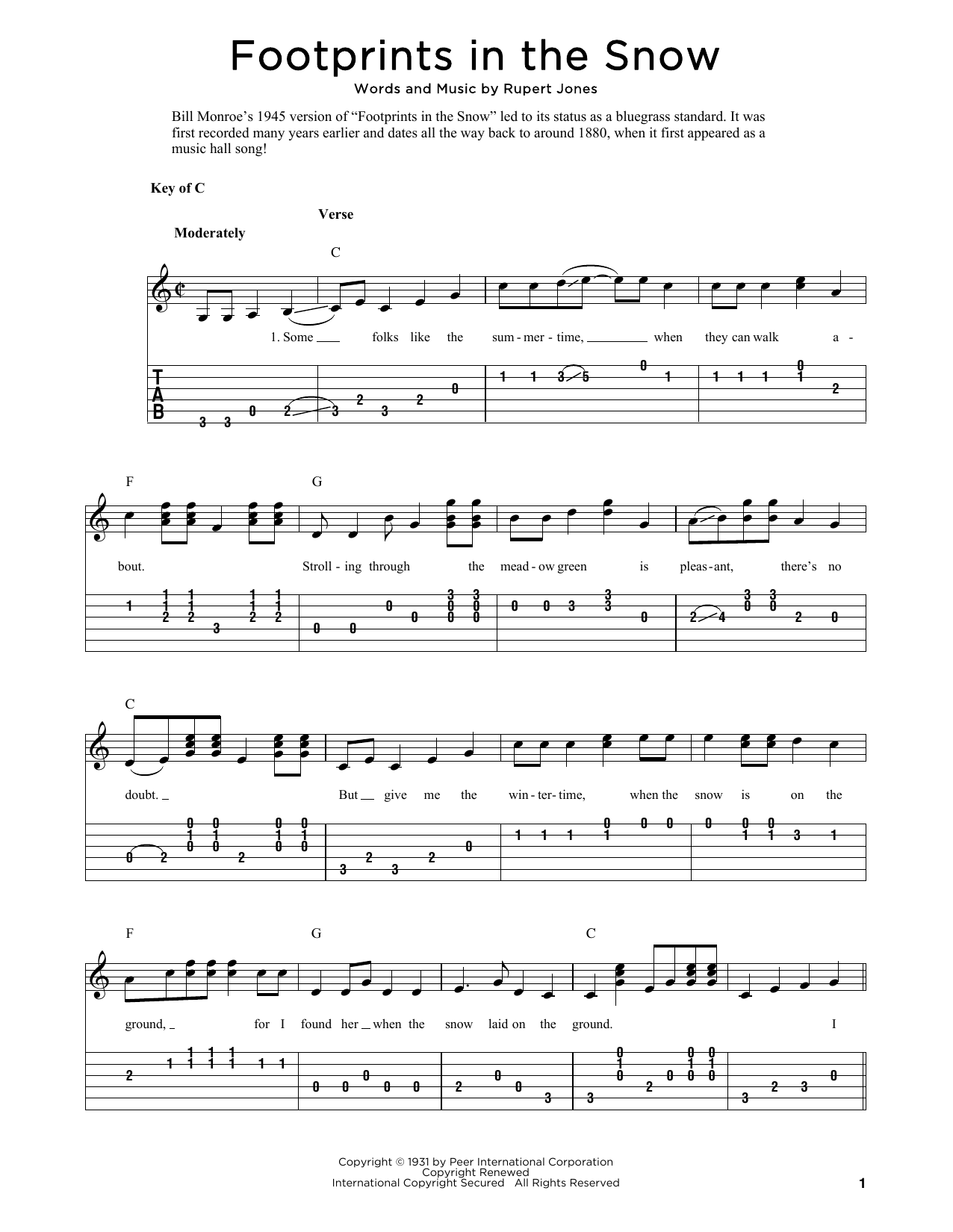 Download Bill Monroe Footprints In The Snow (arr. Fred Sokolow) Sheet Music and learn how to play Solo Guitar PDF digital score in minutes