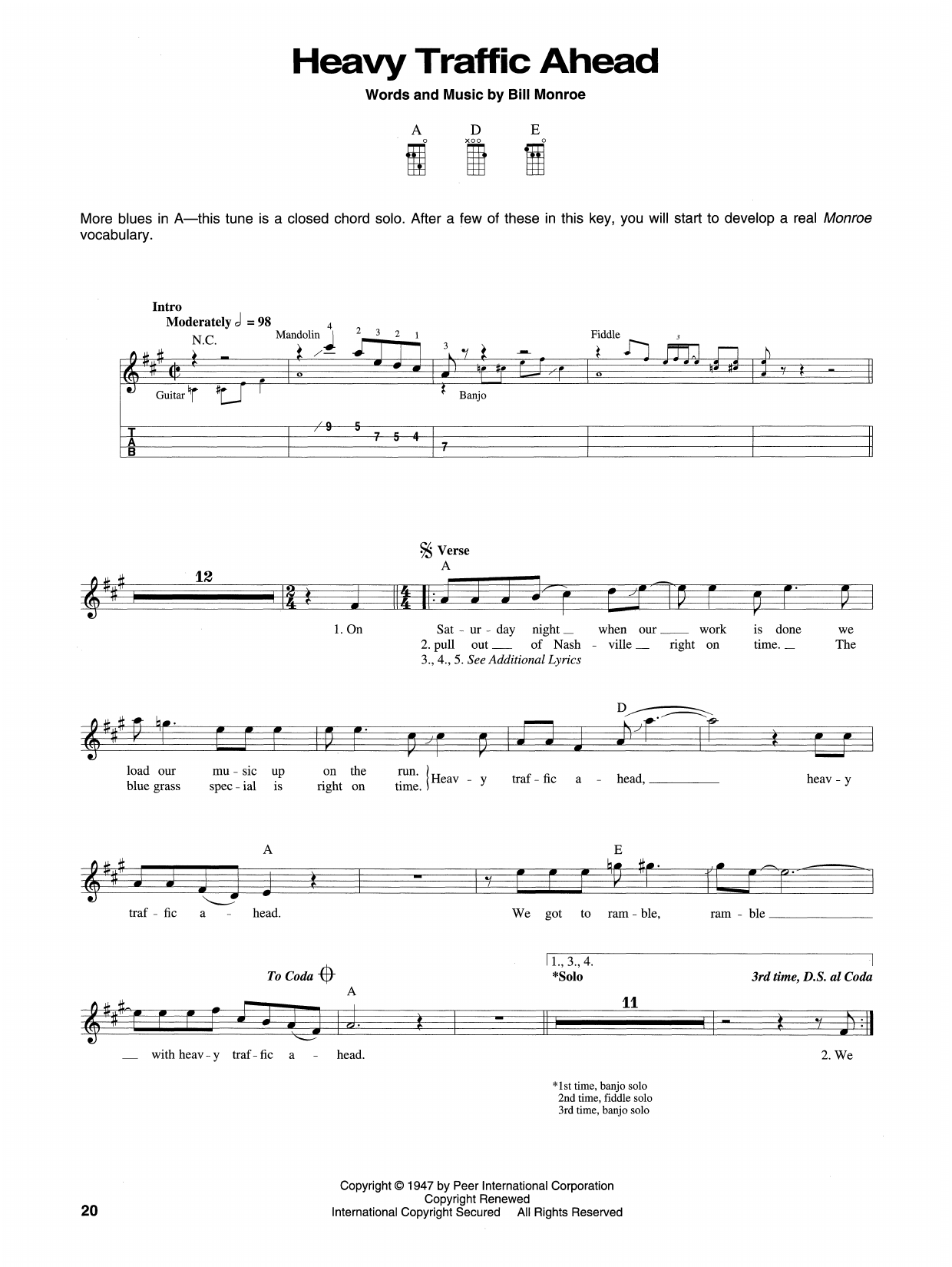 Download Bill Monroe Heavy Traffic Ahead Sheet Music and learn how to play Mandolin PDF digital score in minutes